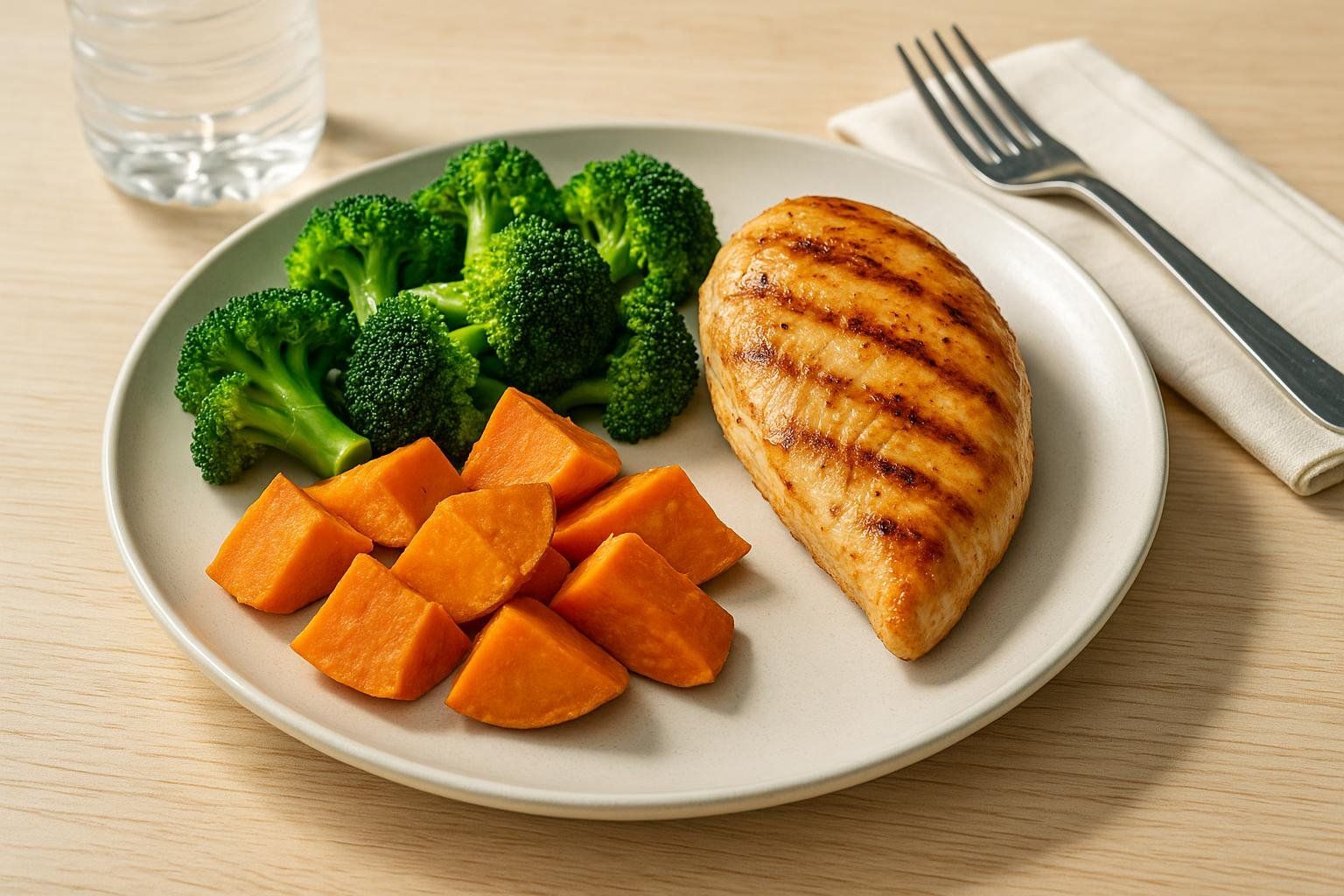 A plate of grilled chicken breast with char marks, alongside steamed broccoli florets and cubed sweet potato. A glass of water and a fork on a napkin are in the background.