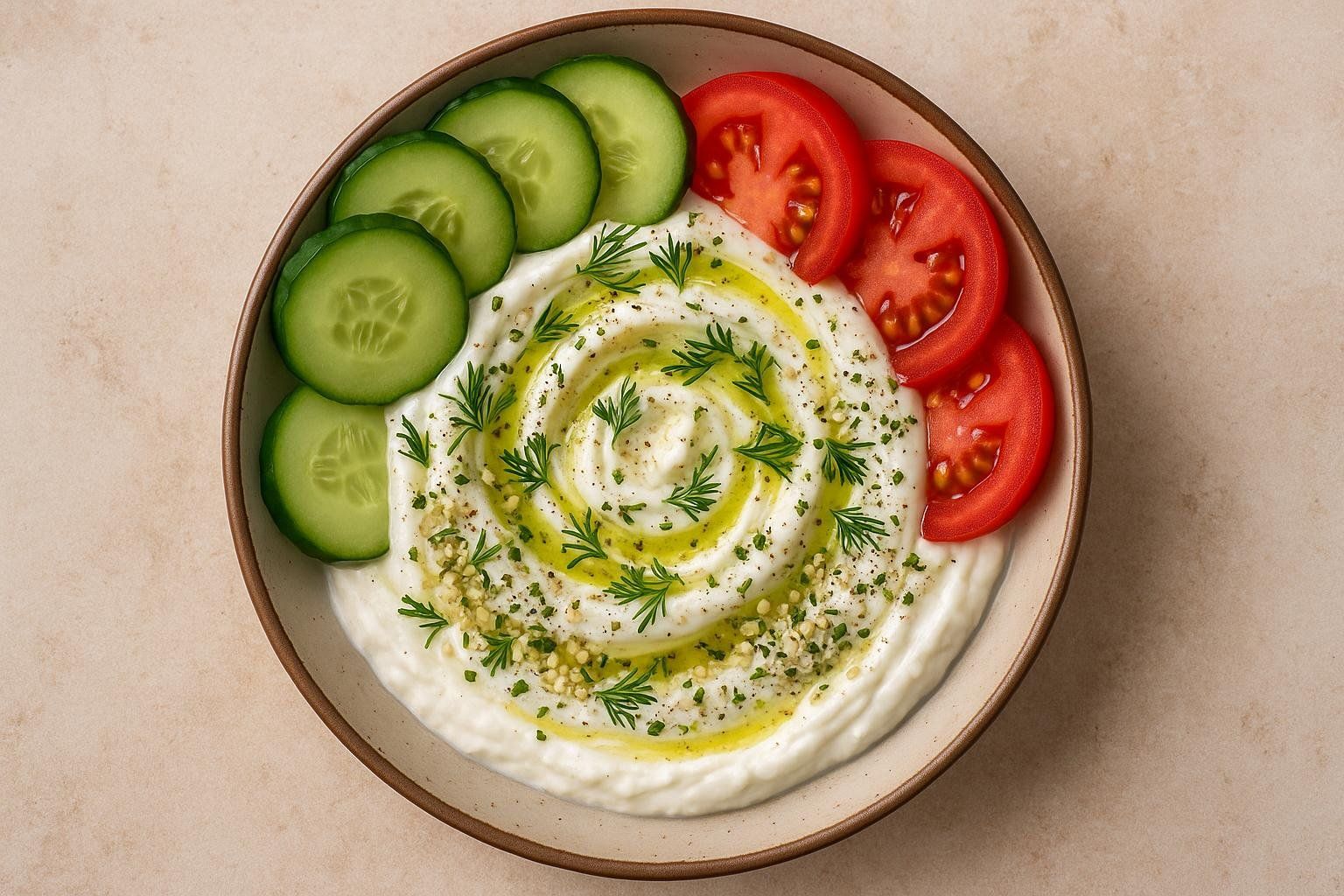 A top-down view of a savory high-protein yogurt bowl with cucumber, tomatoes, herbs, and olive oil.