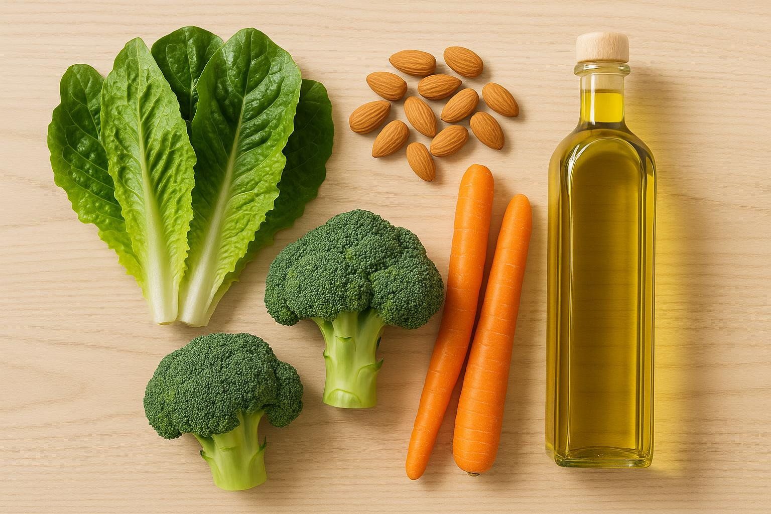 A flat lay photo showing ingredients for a fasting-mimicking diet, including fresh romaine lettuce, broccoli florets, carrots, a pile of whole almonds, and a bottle of olive oil, all arranged on a light wooden surface.