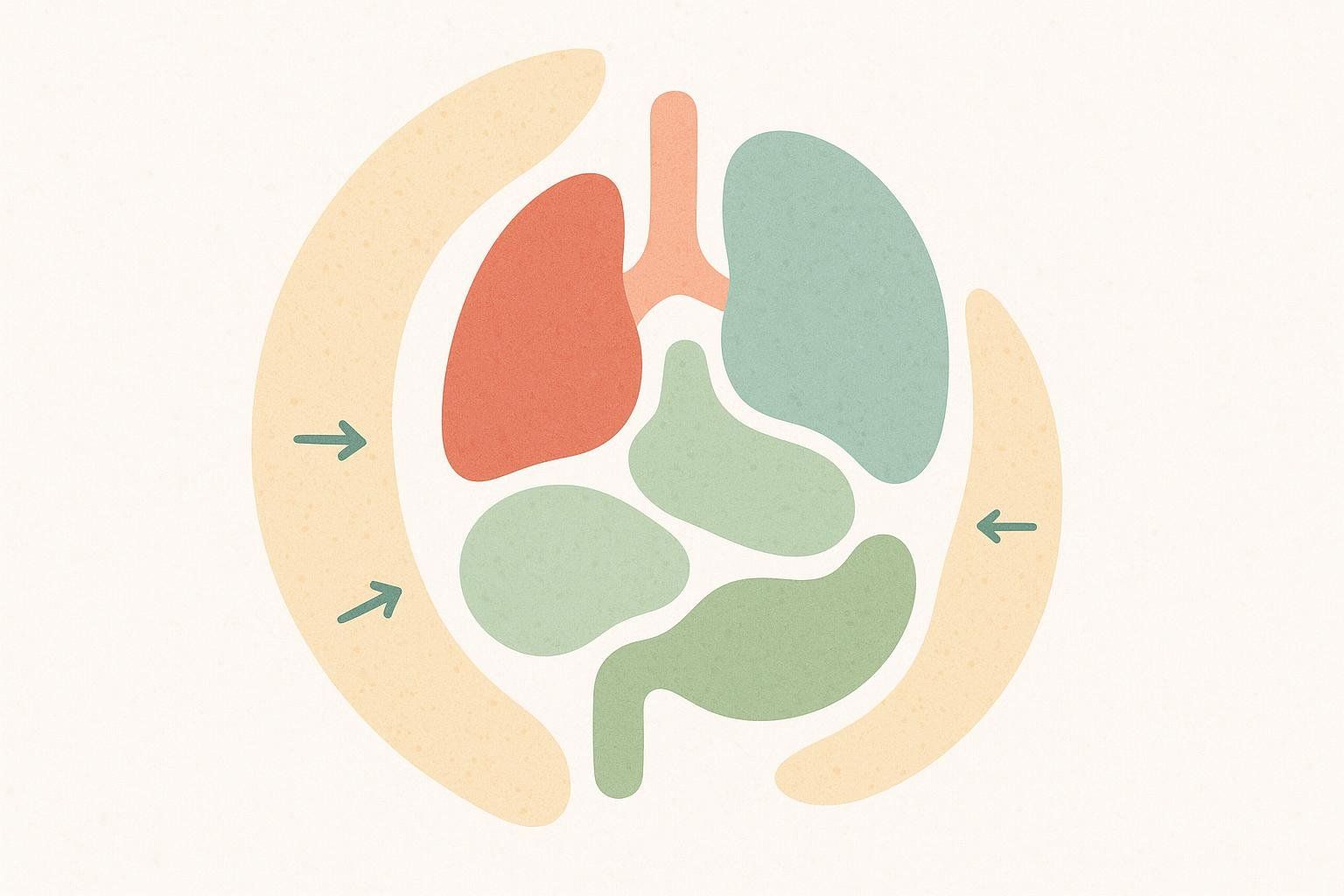 Abstract illustration depicting the reduction of visceral fat around internal organs, represented by inward-pointing arrows pushing on a yellow outer layer surrounding colorful organ shapes.