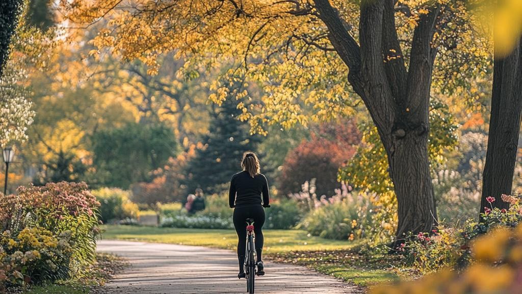 A person cycles down a paved path in an autumn park with colorful trees and plants.