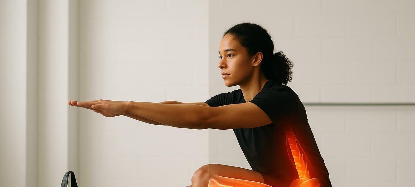 A woman in a black t-shirt and shorts performs a deep squat, her arms extended forward for balance. Overlaid orange highlights indicate muscle activation in her lower back, glutes, hamstrings, and quadriceps.