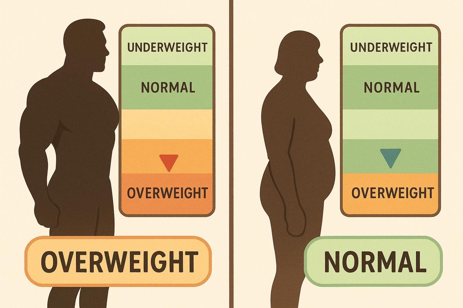 Illustration showing BMI limitations: a muscular person flagged 'Overweight', a less muscular person with more fat flagged 'Normal'.