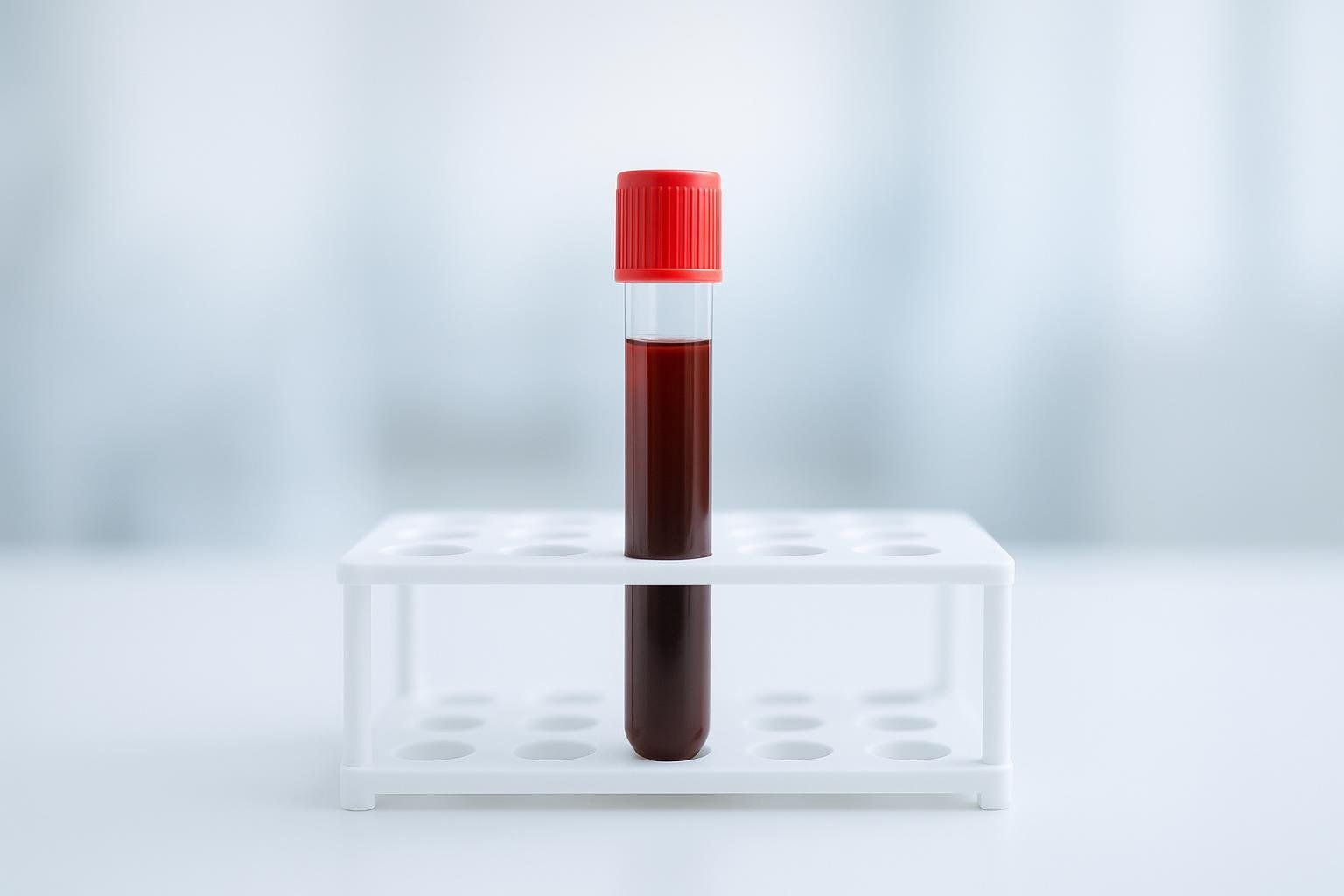 A single blood test tube with a red cap, filled with dark red fluid, standing upright in a white plastic test tube rack.