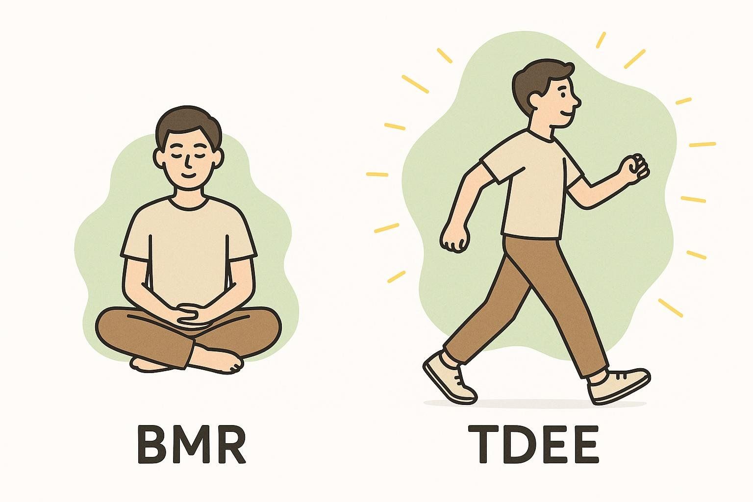 An illustration comparing BMR (Basal Metabolic Rate), represented by a person meditating, with TDEE (Total Daily Energy Expenditure), represented by a person walking and surrounded by radiating lines to indicate activity. Text labels 'BMR' and 'TDEE' appear below each figure respectively.