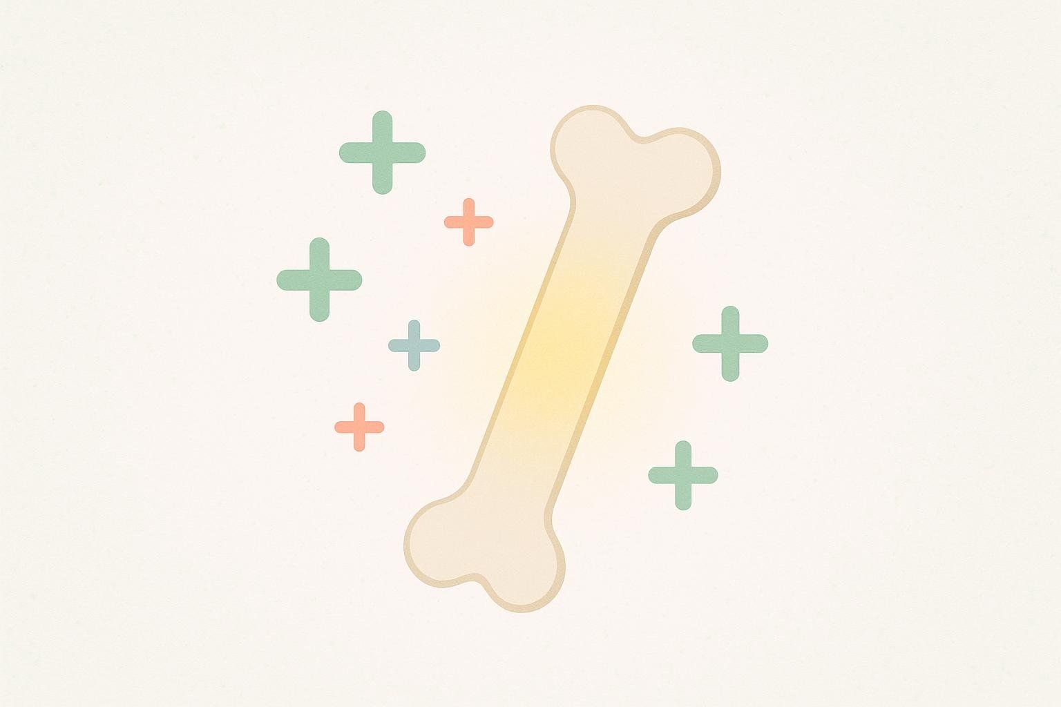 A stylized white icon of a bone with a golden glow, surrounded by green, light blue, and pink plus signs, representing strengthened bones and enhanced calcium absorption.