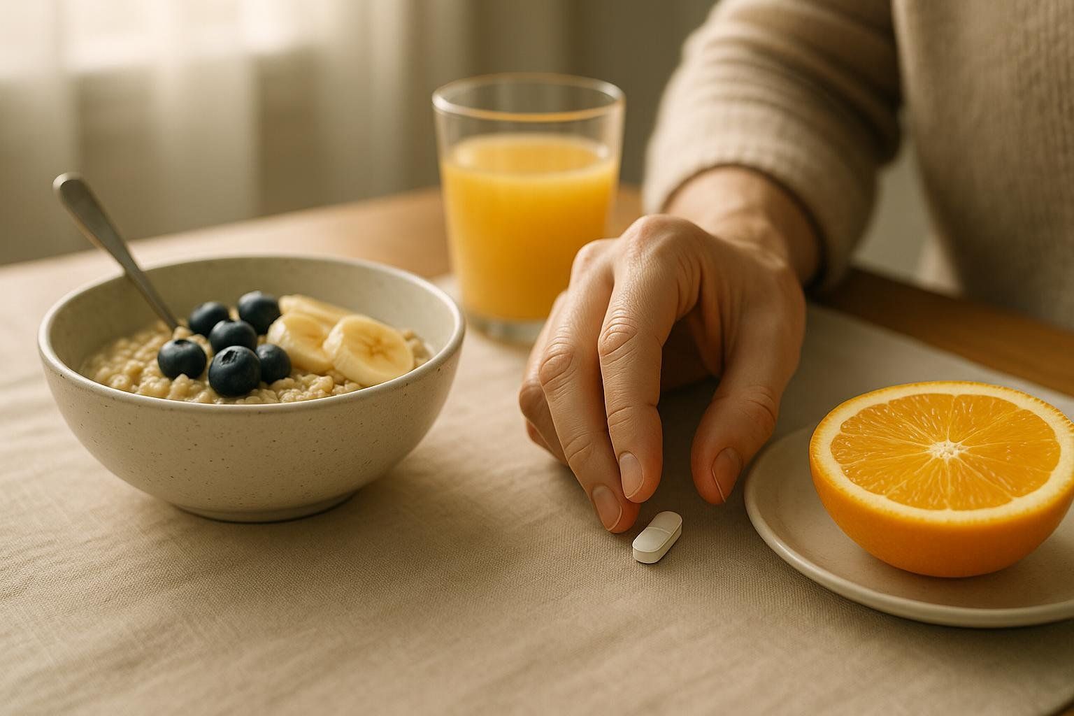 Hand placing a pill next to a breakfast meal, illustrating taking medication with food to manage side effects.