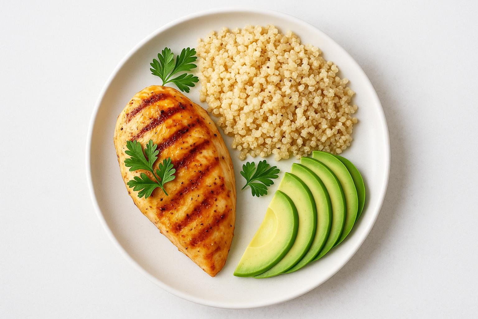 A white plate holds a grilled chicken breast, a serving of quinoa, and slices of avocado, garnished with parsley.