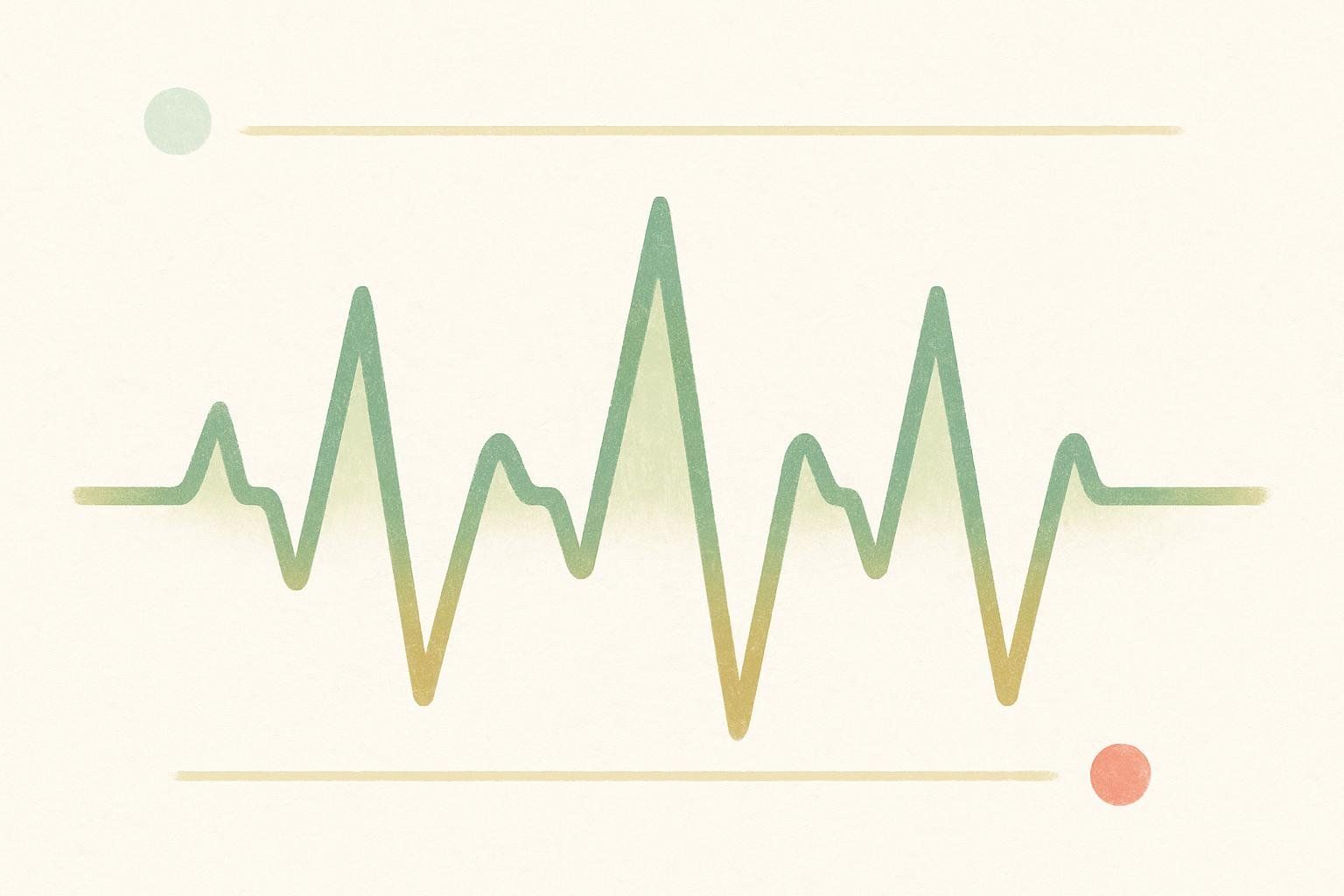 A stylized graph showing a fluctuating heart rate, represented by a green and yellow line with distinct peaks and valleys, against a light background. Two horizontal lines with a light green dot on the left and a coral dot on the right denote upper and lower limits.