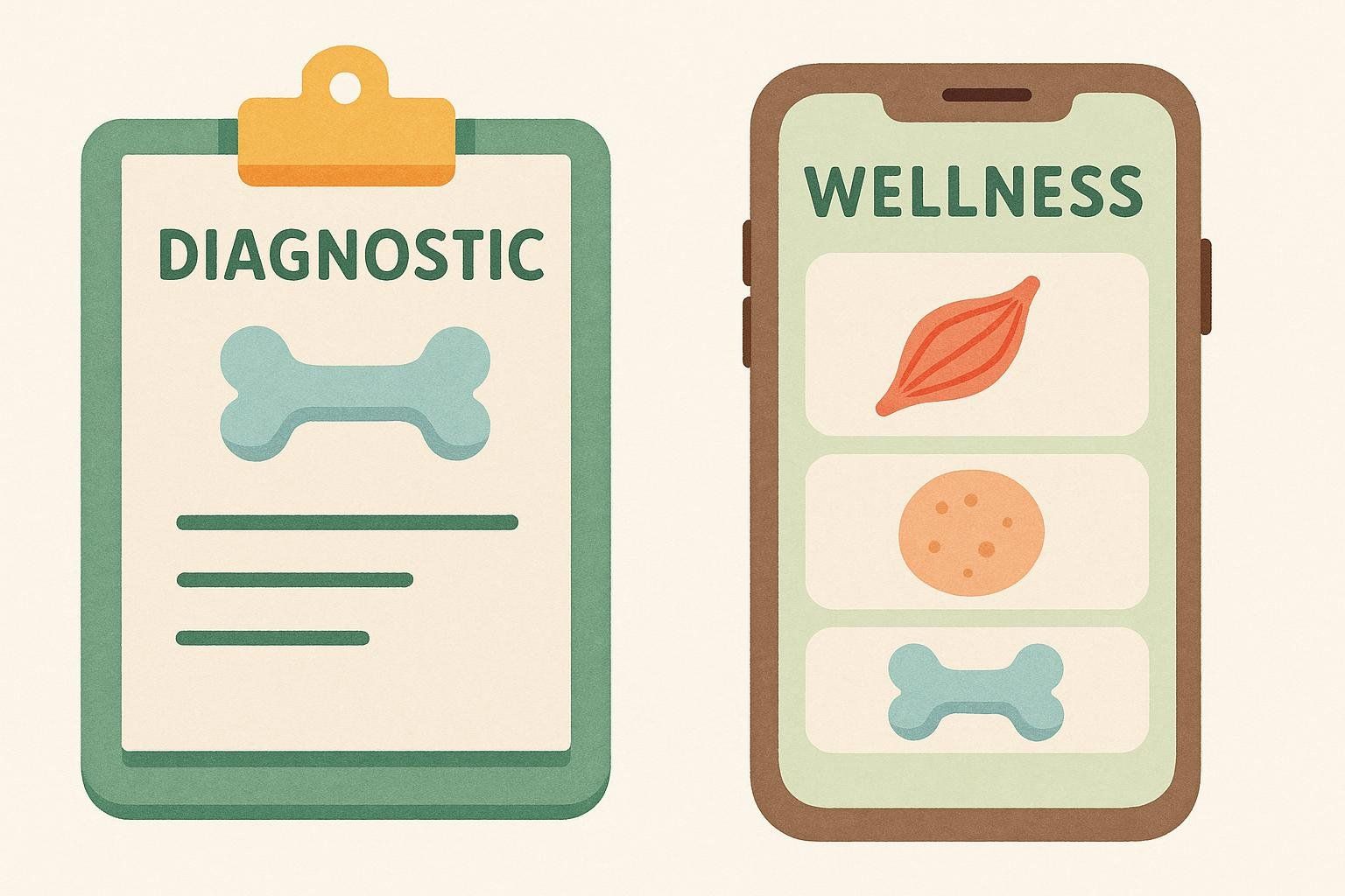 An illustration comparing Diagnostic DEXA and Wellness DEXA. On the left, a clipboard labeled 'Diagnostic' shows a bone icon and lines representing a medical report. On the right, a smartphone labeled 'Wellness' displays icons for muscle, fat, and bone, indicating body composition tracking.