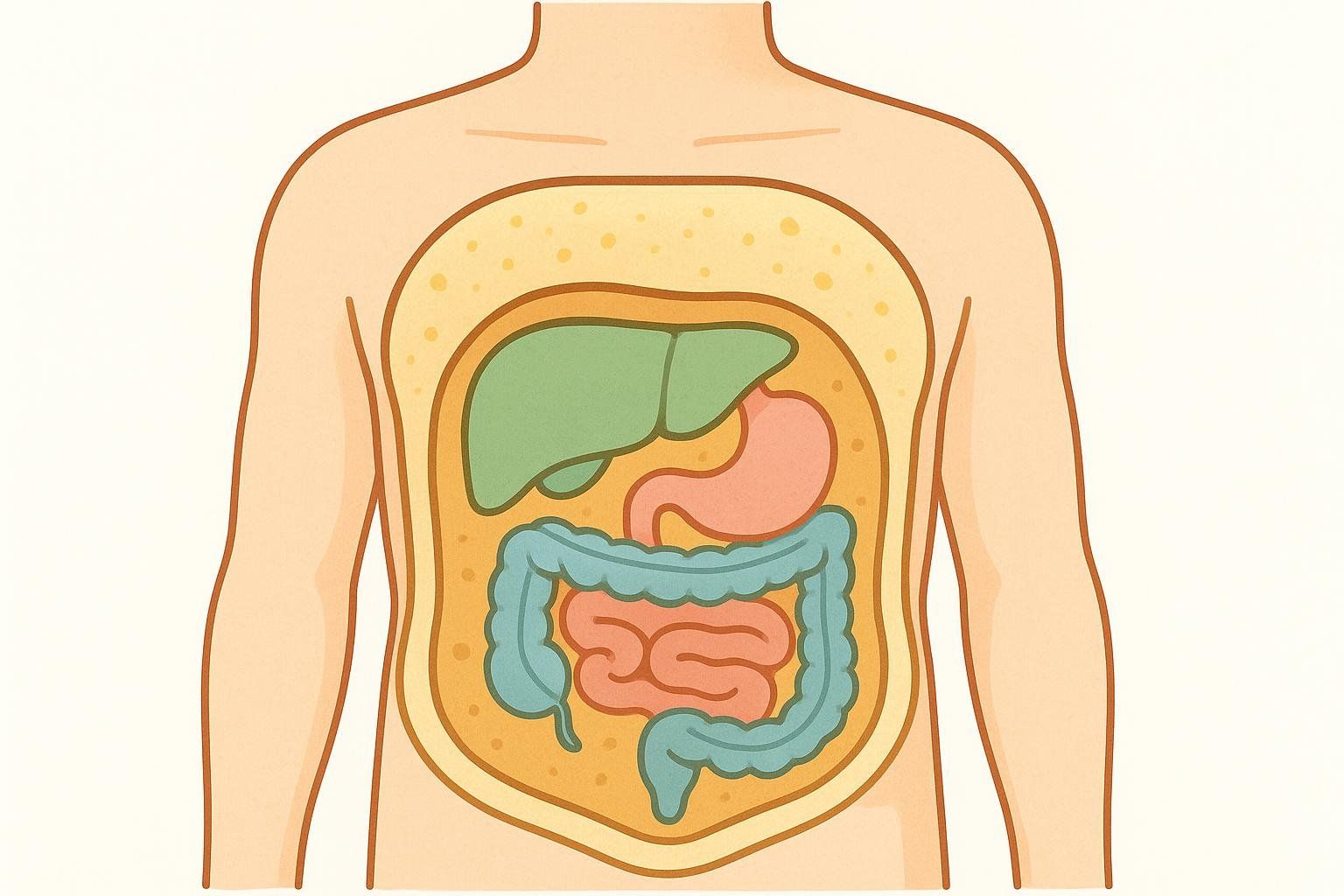 Illustration comparing the placement of subcutaneous fat (under skin) and visceral fat (around organs) with internal organs also shown.