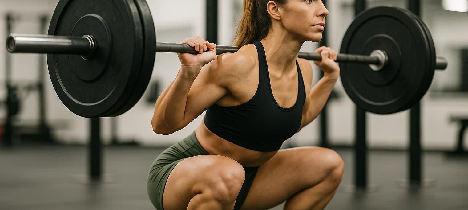 A woman performing a barbell back squat with correct form in a well-lit gym, demonstrating strong quadriceps and back muscles.