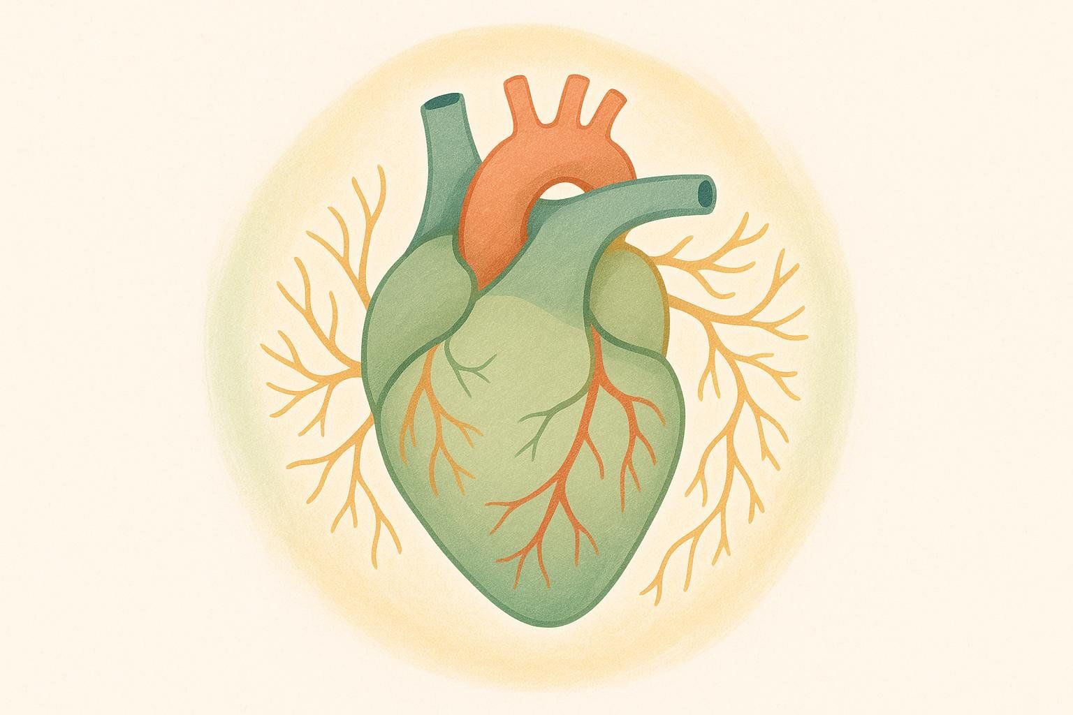 An artistic rendering of a healthy human heart in shades of green and orange with a subtle warm glow around it, symbolizing cardiovascular health.