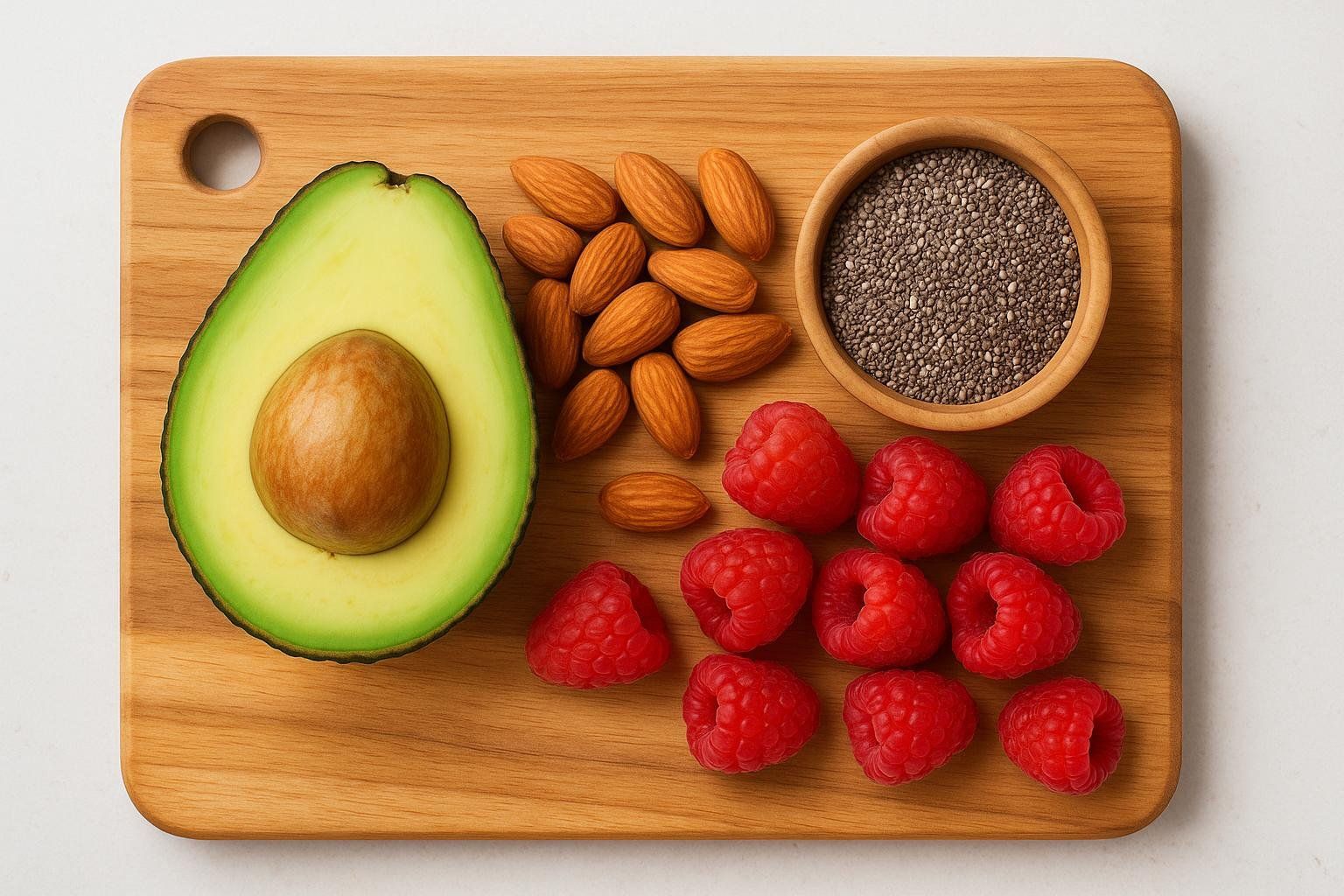 A top-down photo of high-fiber keto foods arranged on a wooden board, including a halved avocado, a pile of almonds, a bowl of chia seeds, and several raspberries.