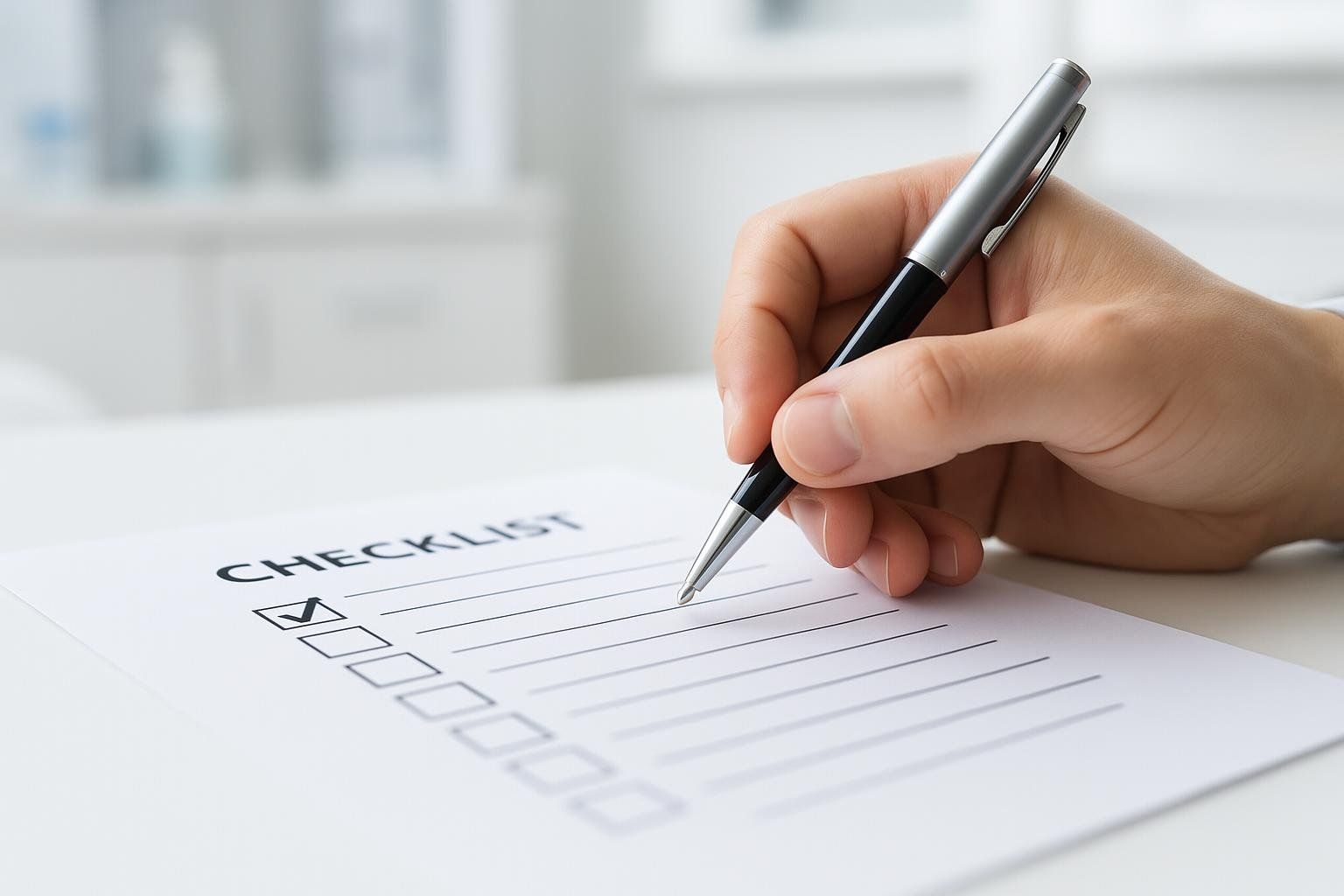 A person using a pen to check items on a paper checklist with the word 'CHECKLIST' at the top.