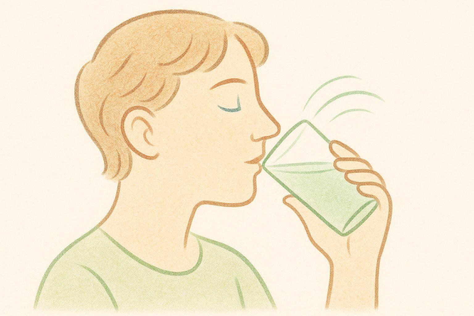 An illustration of a person with brown hair and a green shirt, seen in profile, sipping slowly from a glass of green-tinted water. The glass is held in their right hand, and the water appears to be rippling slightly, suggesting movement. The background is a soft, light beige.