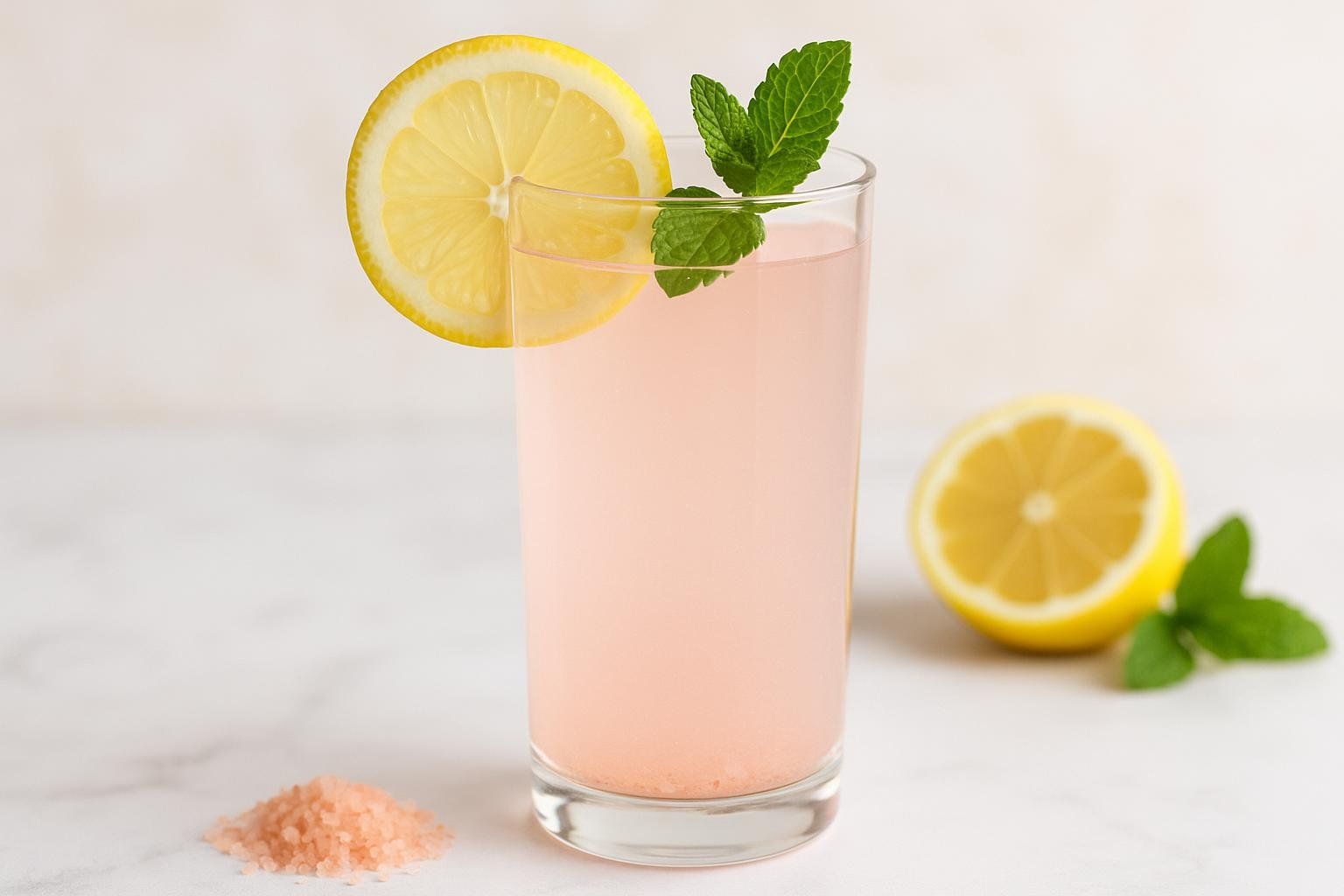 A glass of pink salt lemon water garnished with a lemon slice and mint leaves, with pink salt and half a lemon in the background.