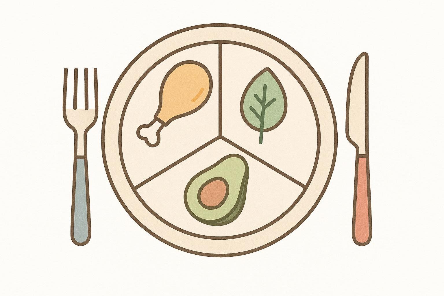 An illustration of a plate divided into three sections, representing a simple meal template. The top left section contains a chicken drumstick (protein), the top right a green leaf (plants), and the bottom section an avocado half (healthy fats). A fork and knife are on either side of the plate.