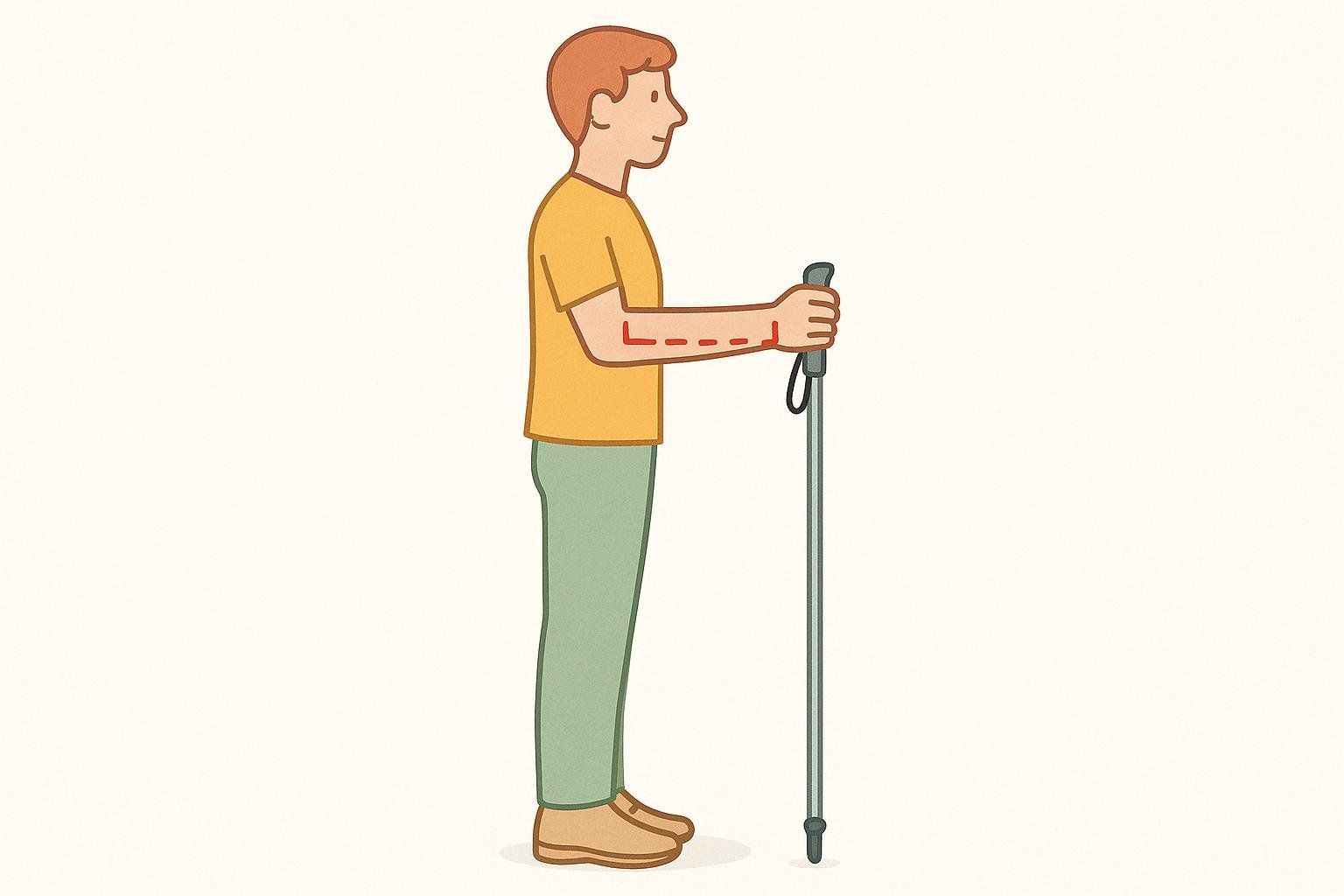 Illustration showing the correct pole length for Nordic walking, with the user's forearm parallel to the ground.