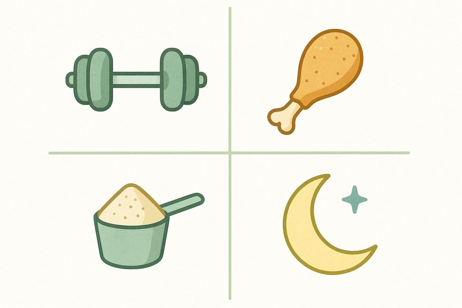 An icon collage showing a dumbbell, chicken leg, creatine scoop, and crescent moon with a star, representing natural alternatives for muscle growth. Each icon is within its own quadrant.