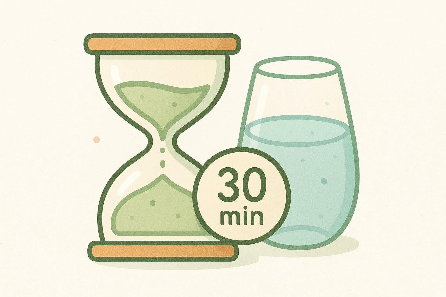 Illustration of an hourglass and water glass representing dosing instructions