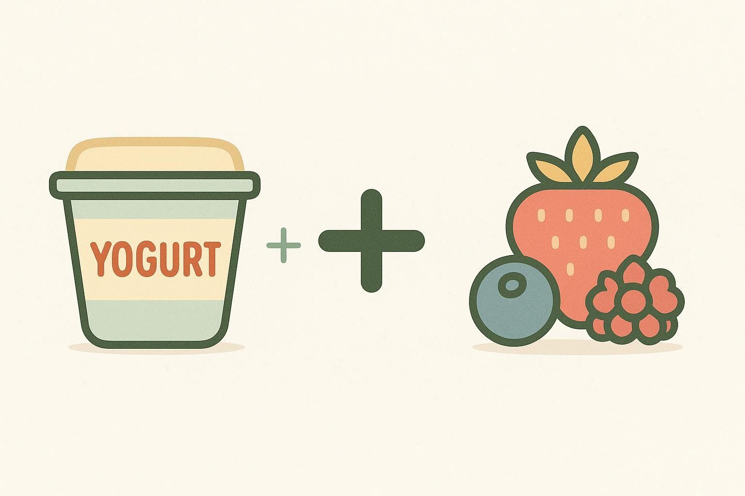 An illustration showing a yogurt container icon with the word 'YOGURT' on it, a plus symbol, and icons of a strawberry, blueberry, and raspberry, representing a combination of yogurt and berries.