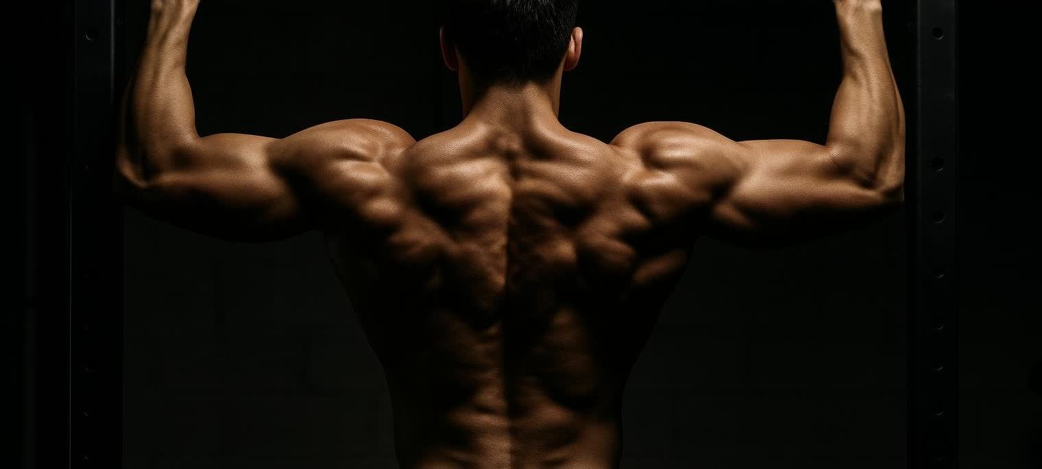 An athletic person with a well-developed V-taper back performing a wide-grip pull-up against a dark background, highlighting their sculpted back muscles and arms.