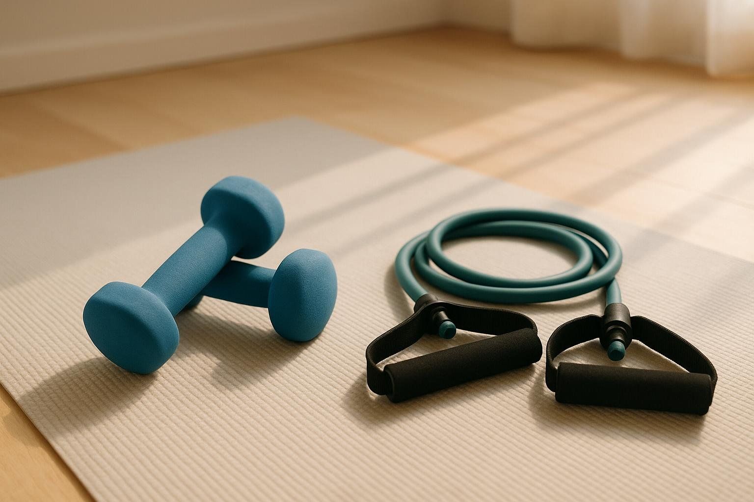 Two light blue weights and a green resistance band are laid out on a light-colored exercise mat, ready for a workout.