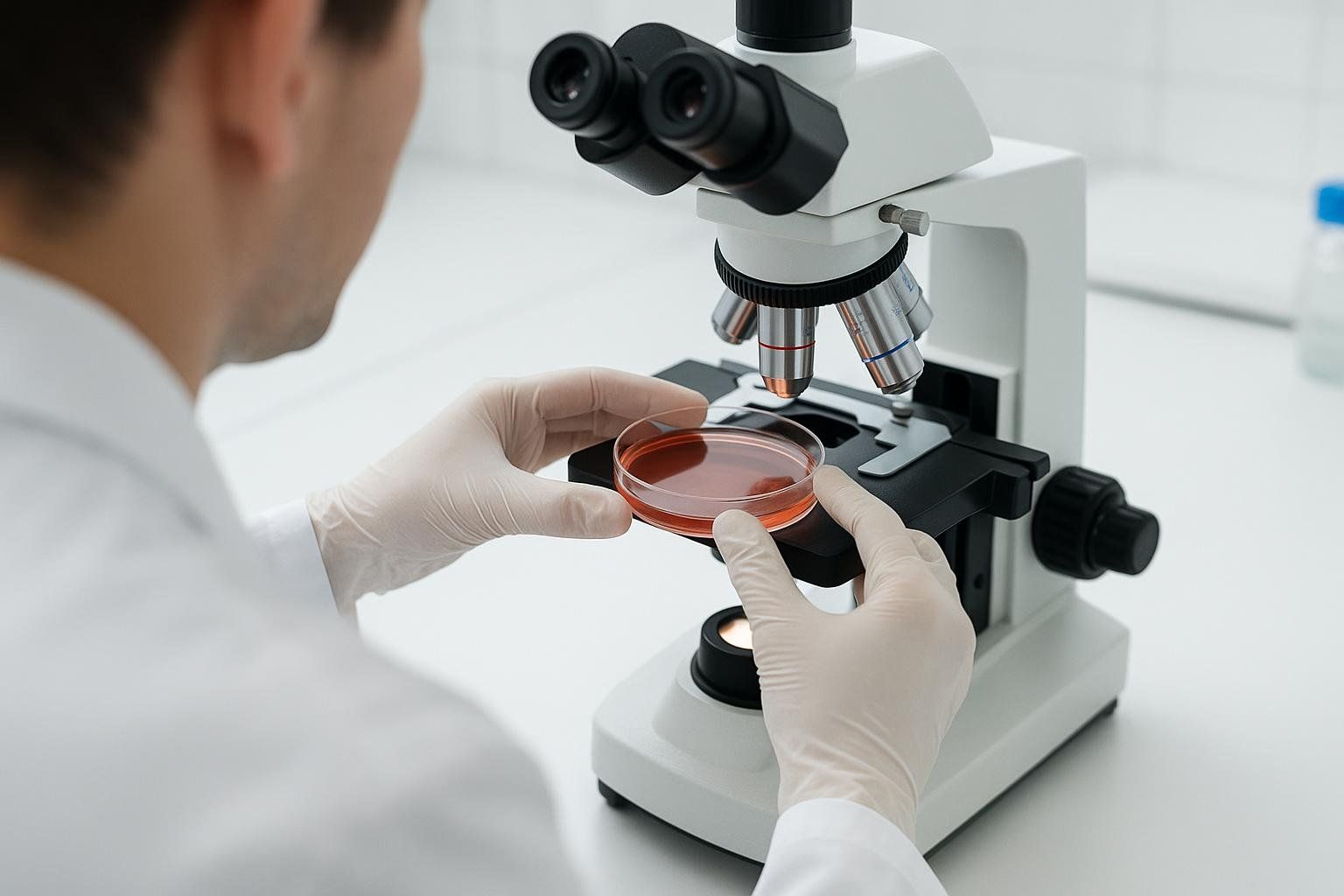 A laboratory professional preparing to examine a sample under a microscope, representing the process of real medical diagnosis for parasites.