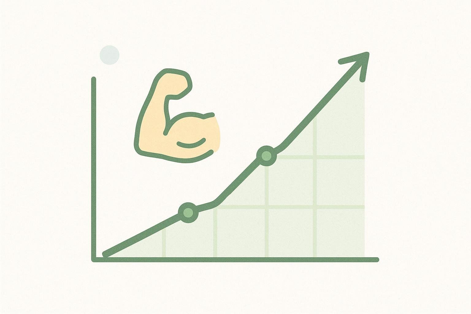 A stylized illustration of a line graph showing an upward trend. A cartoon arm flexing its bicep is at the top left of the chart, indicating fitness progress.