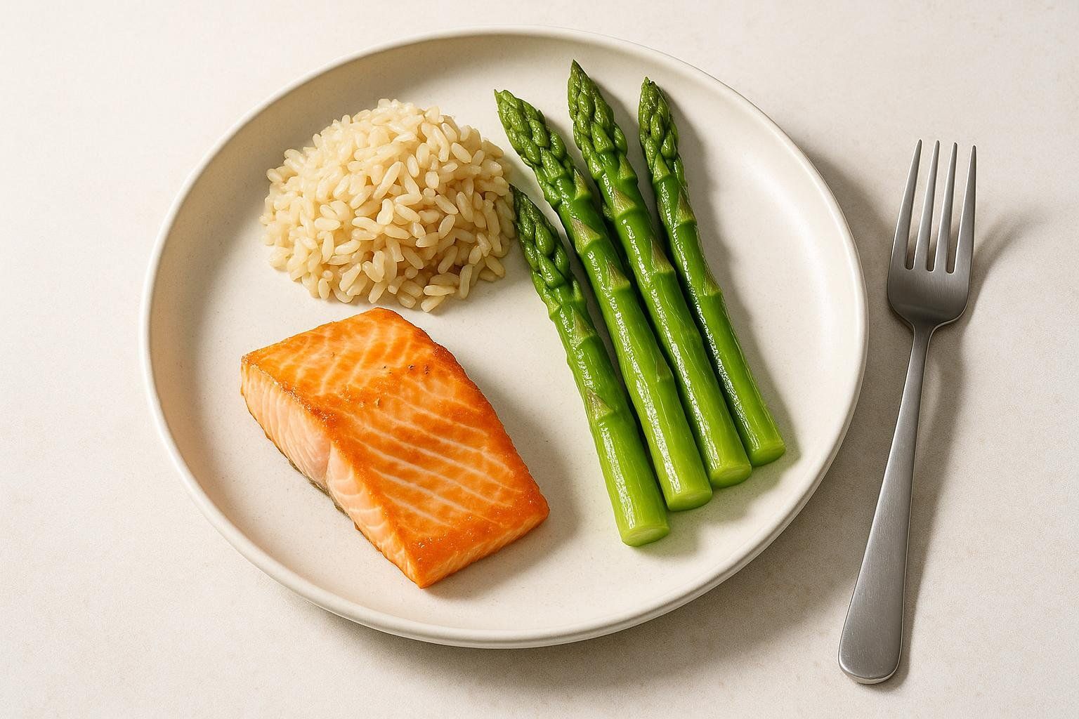 A close-up overhead shot of a healthy meal on a white plate, featuring a grilled salmon fillet, a mound of brown rice, and a serving of bright green asparagus spears. A silver fork rests beside the plate.