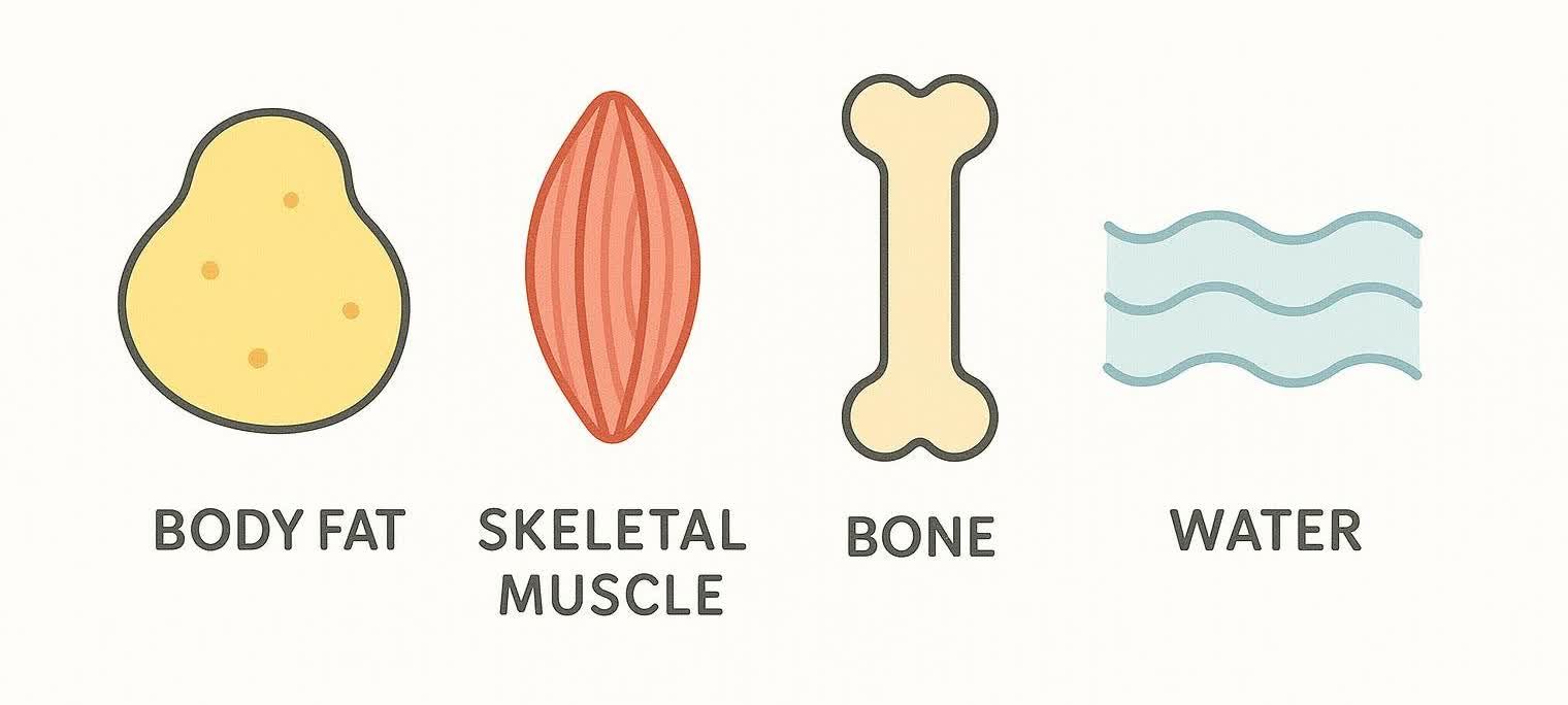 Infographic icons representing the four key components of body composition: fat, muscle, bone, and water.