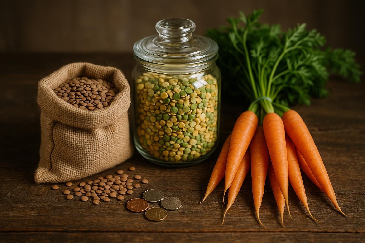 A photo of inexpensive pantry staples like lentils and split peas, representing budget-friendly vegetarian cooking.