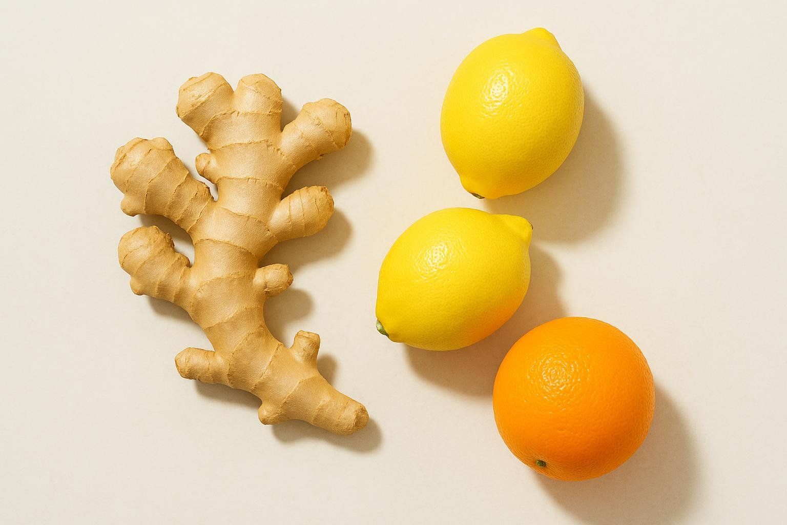 A top-down view of fresh ginger, two yellow lemons, and one orange arranged on a clean, light-colored surface, ready for a DIY shot recipe or other preparation.