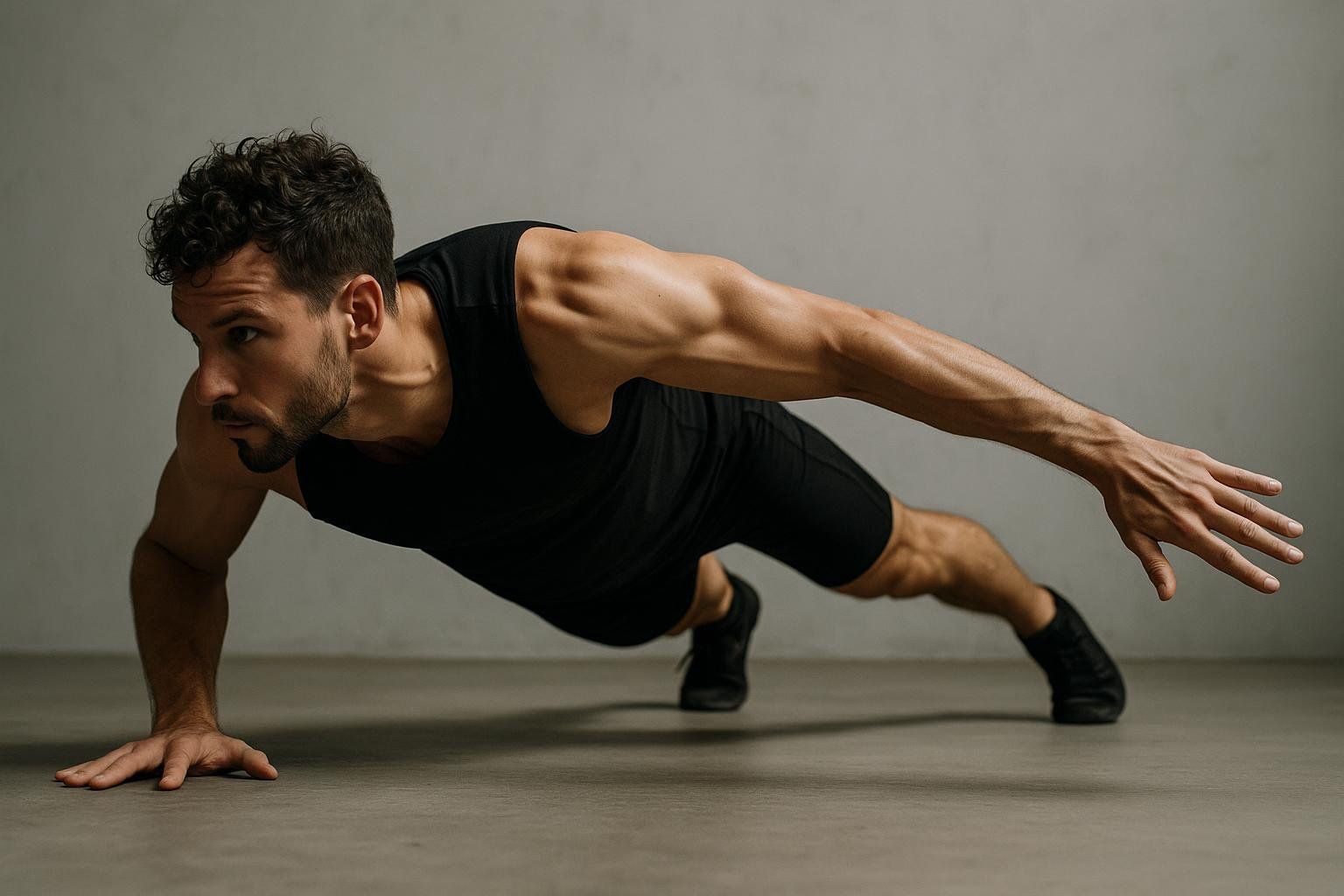 An advanced athlete in a black sleeveless top and shorts performing an archer push-up. His left arm is bent at the elbow with his hand flat on the ground, while his right arm is extended straight out to the side with only his fingertips touching the floor, demonstrating immense upper body strength and control.