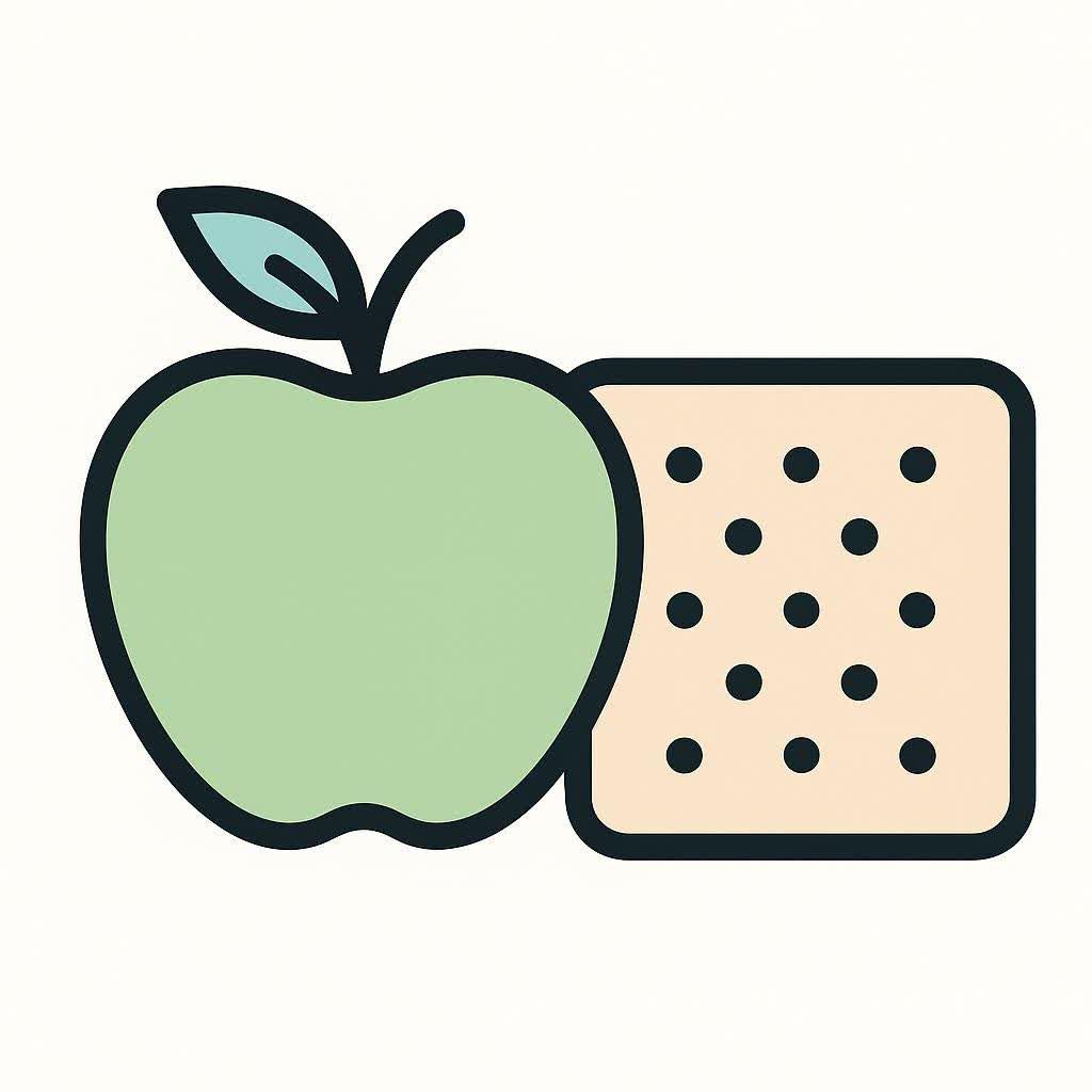 An illustration of a green apple with a light green leaf and a large saltine cracker, depicted side-by-side on a white background, representing items consumed as part of the Military Diet.