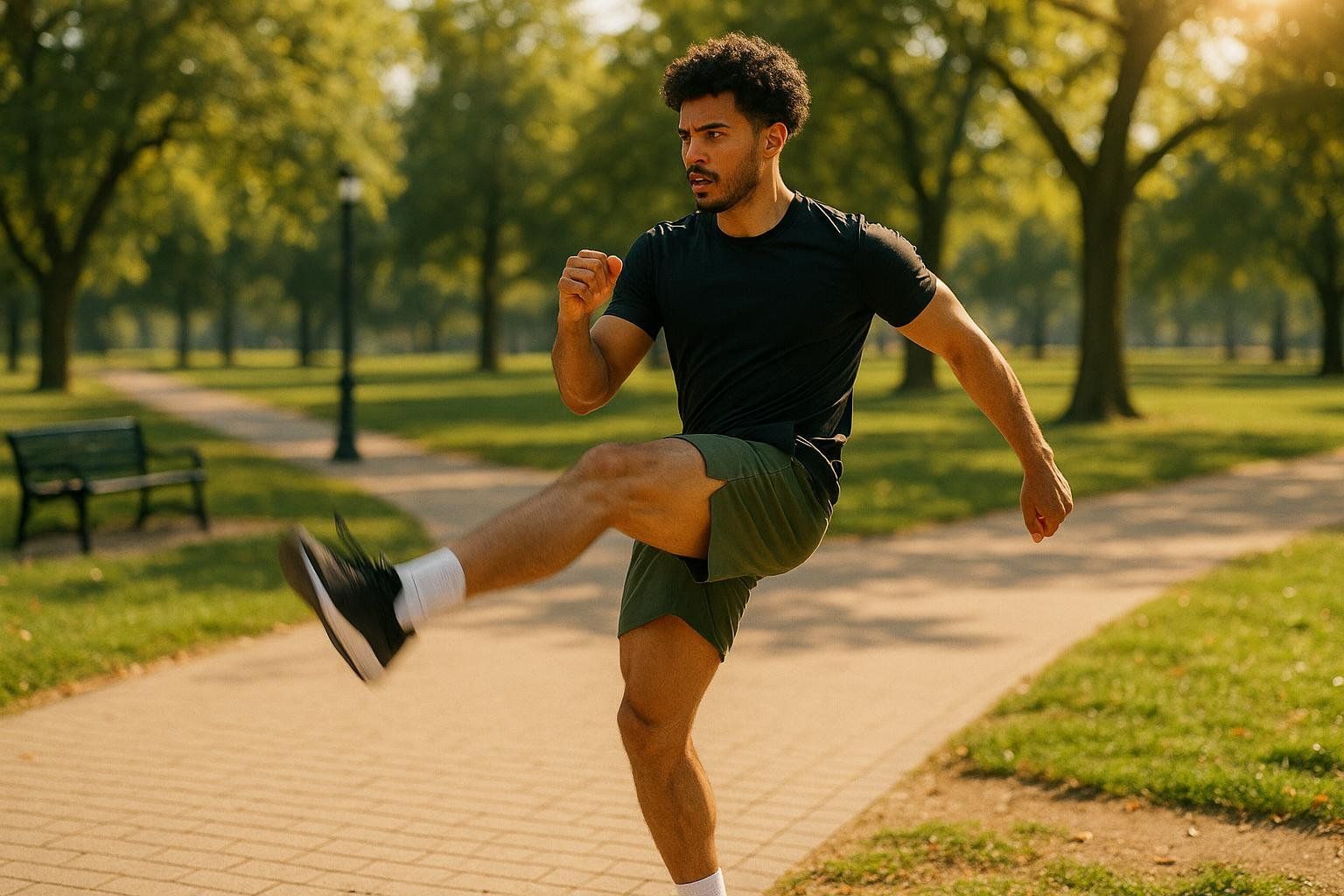 A man in a black t-shirt and green shorts performs a dynamic leg swing exercise in a park.