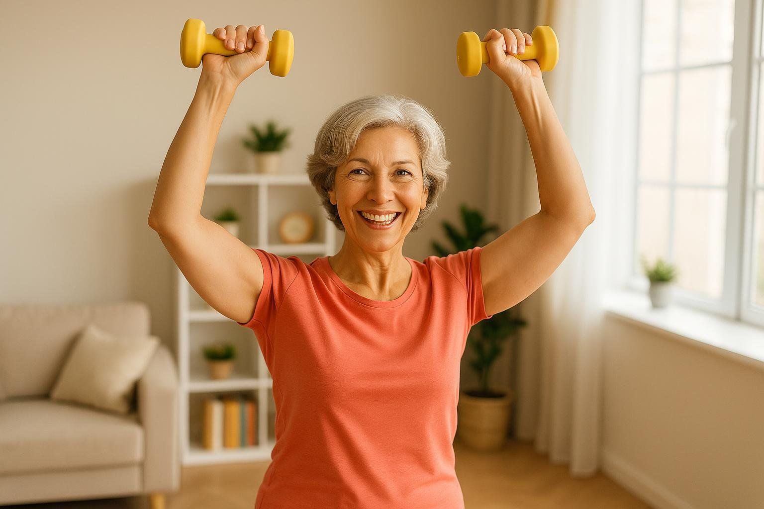 A smiling senior woman with grey hair, wearing a coral t-shirt, exercising at home with two yellow dumbbells lifted above her head. She is looking directly at the camera with a joyful expression, in a brightly lit room with a window and typical home furnishings in the background.