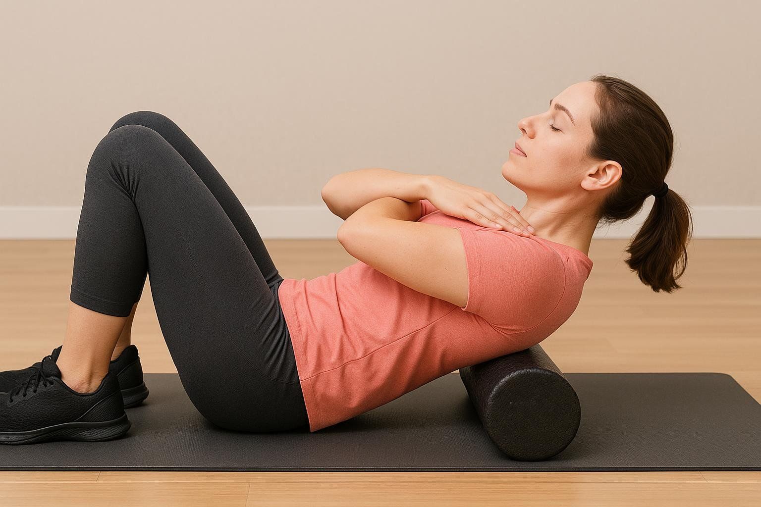 Safe technique for foam rolling the upper back, with arms crossed over the chest and roller at the shoulder blades.