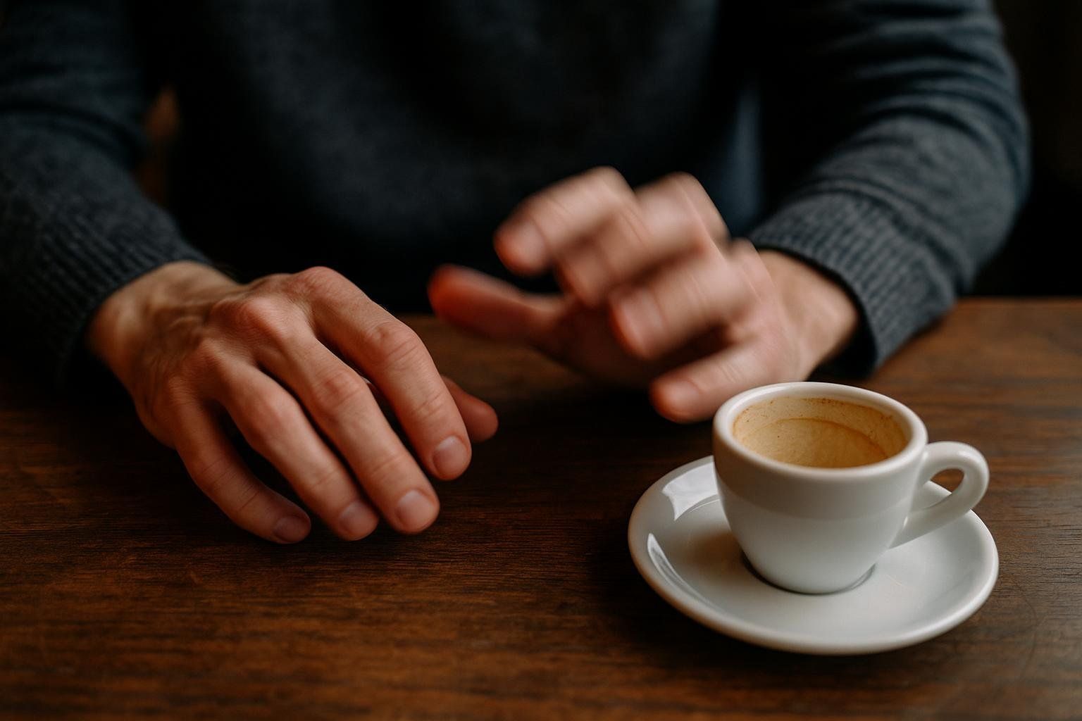 A person's hands appear restless, tapping nervously on a table to represent the anxiety and racing pulse of hyperthyroidism.
