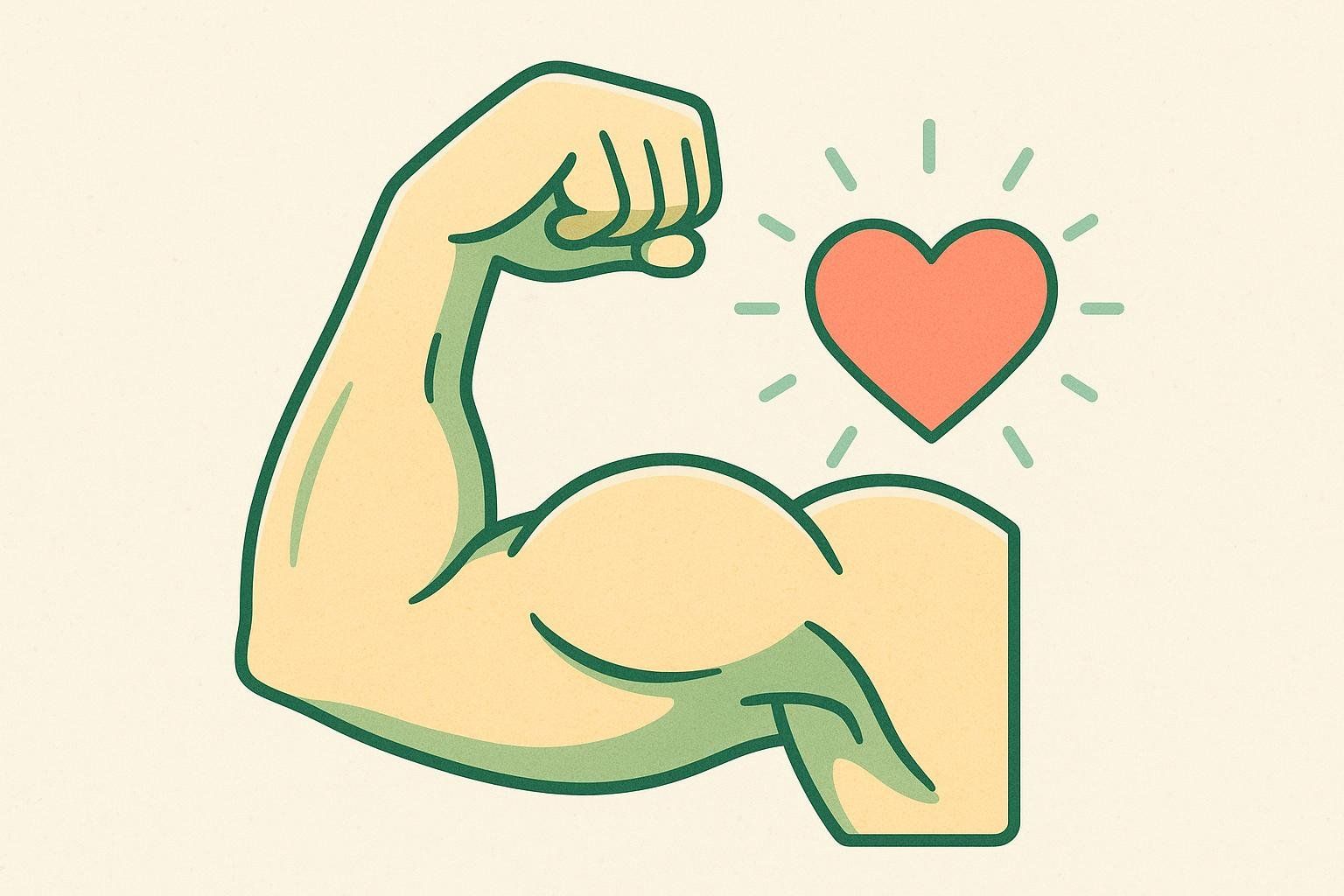 An illustration showing a strong, flexed bicep next to a glowing red heart. This visual metaphor connects physical arm strength to heart health.