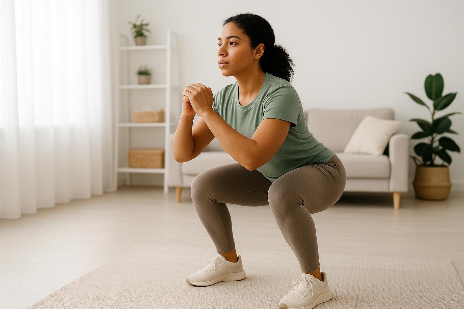 A woman in a green t-shirt and gray leggings is performing a bodyweight squat in her living room, demonstrating proper form.