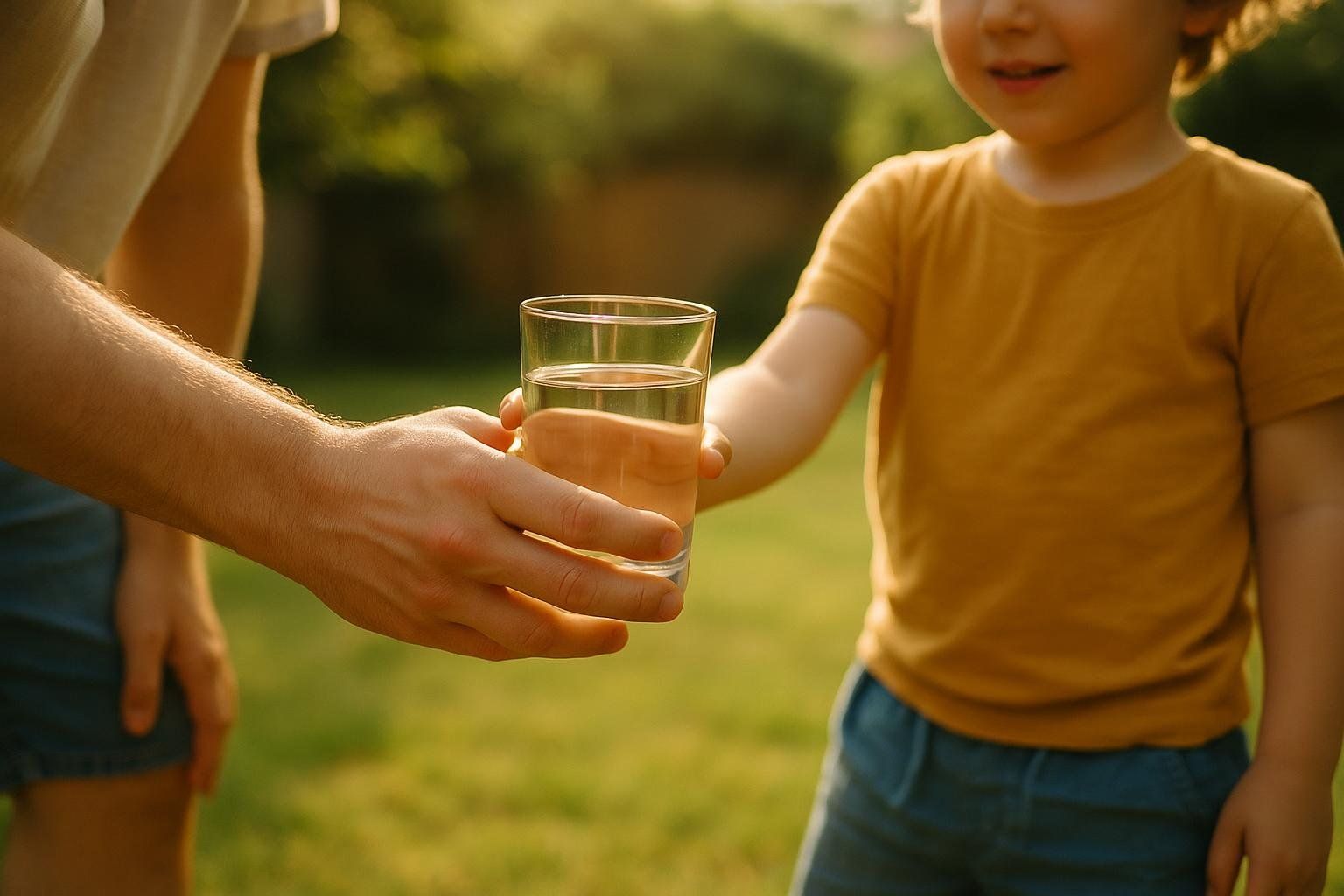 A parent hands a child a glass of water outdoors. The child, wearing a golden shirt, reaches out to take it, emphasizing hydration.