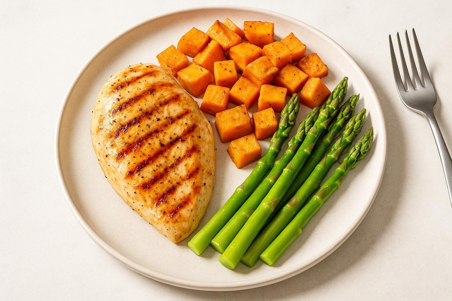 A plate with a balanced meal featuring grilled chicken, diced sweet potatoes, and steamed green asparagus spears, presented neatly on a white plate with a fork nearby.