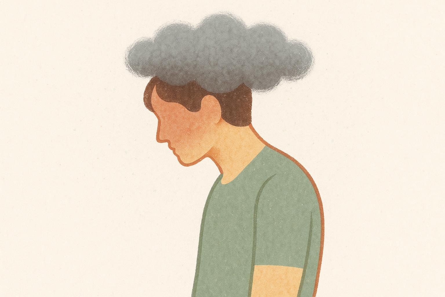 An illustration showing a person from the chest up, head down, with a dark grey cloud resting on their head, symbolizing brain fog and fatigue.