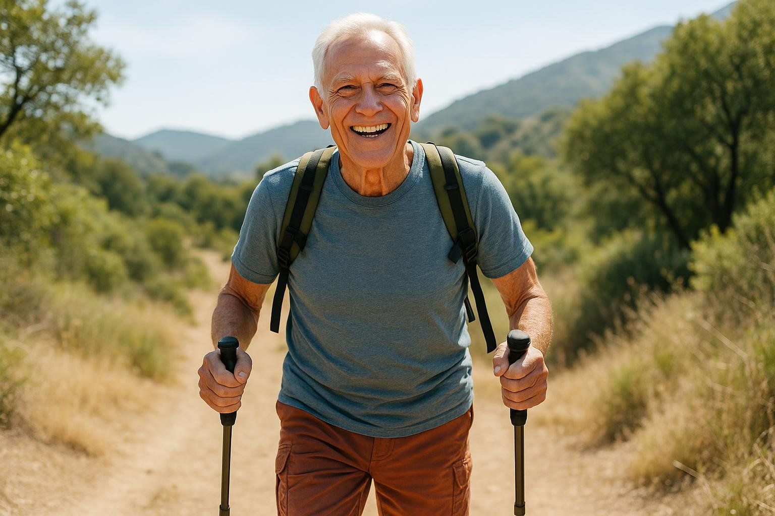 A vibrant, smiling older man with white hair hiking on a dirt path in a natural setting, holding trekking poles and wearing a blue t-shirt and orange shorts. He embodies healthy aging.