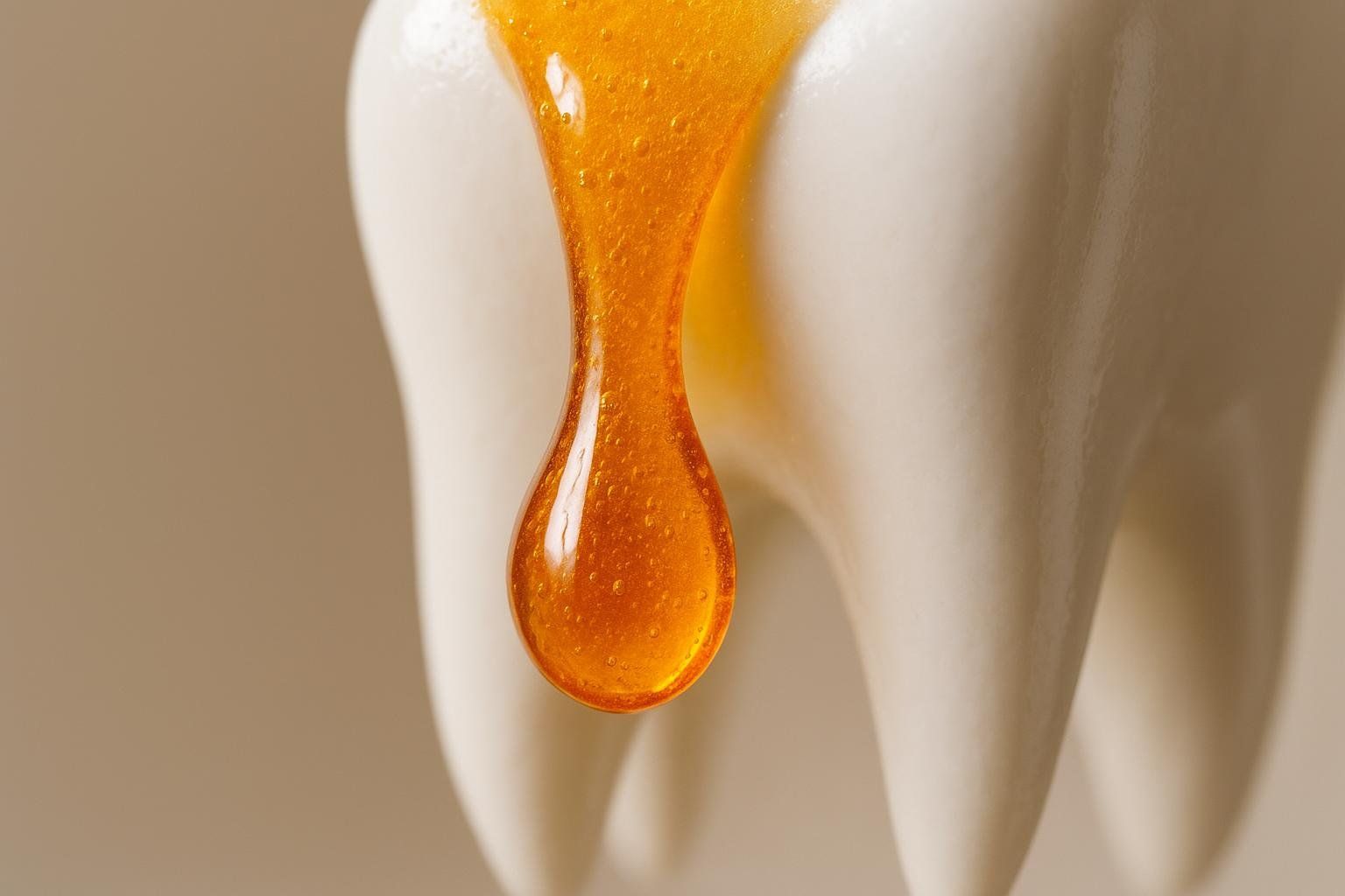 An abstract macro photo showing a sticky, acidic-looking liquid on a smooth white surface, symbolizing the effect of gummies on tooth enamel.
