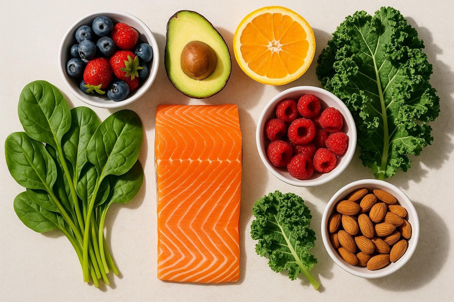 Flat lay of healthy anti-inflammatory foods including berries, leafy greens, salmon, and nuts.
