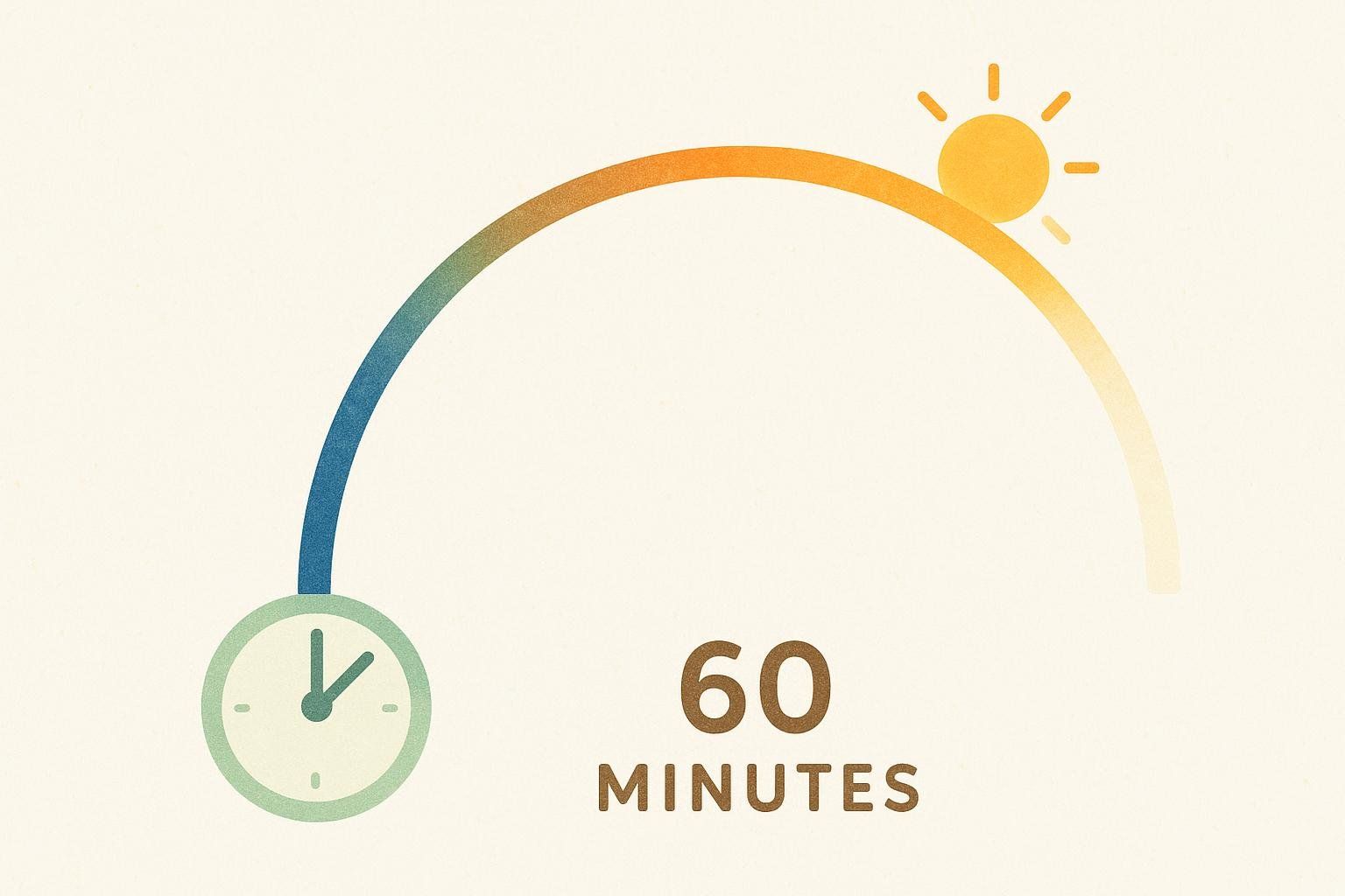 An infographic illustrating a sunrise alarm clock over 60 minutes. A curved line transitions from dark blue to light yellow, mimicking the progression of dawn. At the start of the curve, a clock icon is present. At the end of the curve, a bright yellow sun icon is shown. Below the curve, the text '60 MINUTES' is displayed.