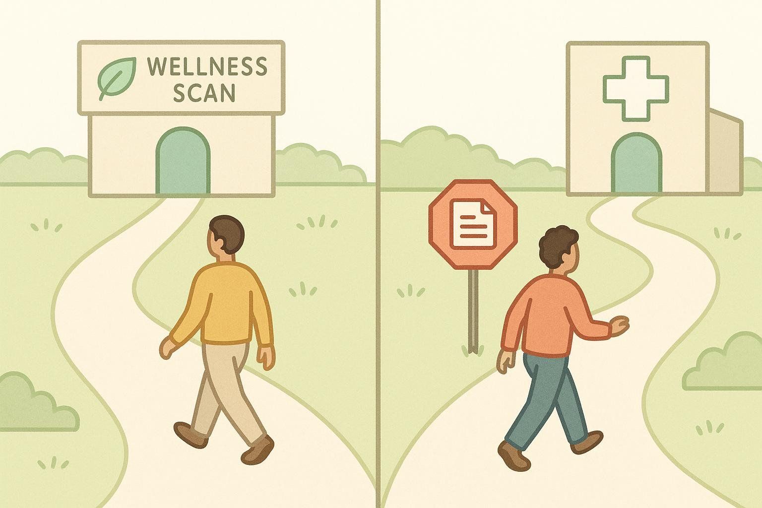 An illustration showing two paths: a direct one for a wellness scan, and another requiring a document (referral) for a medical scan.